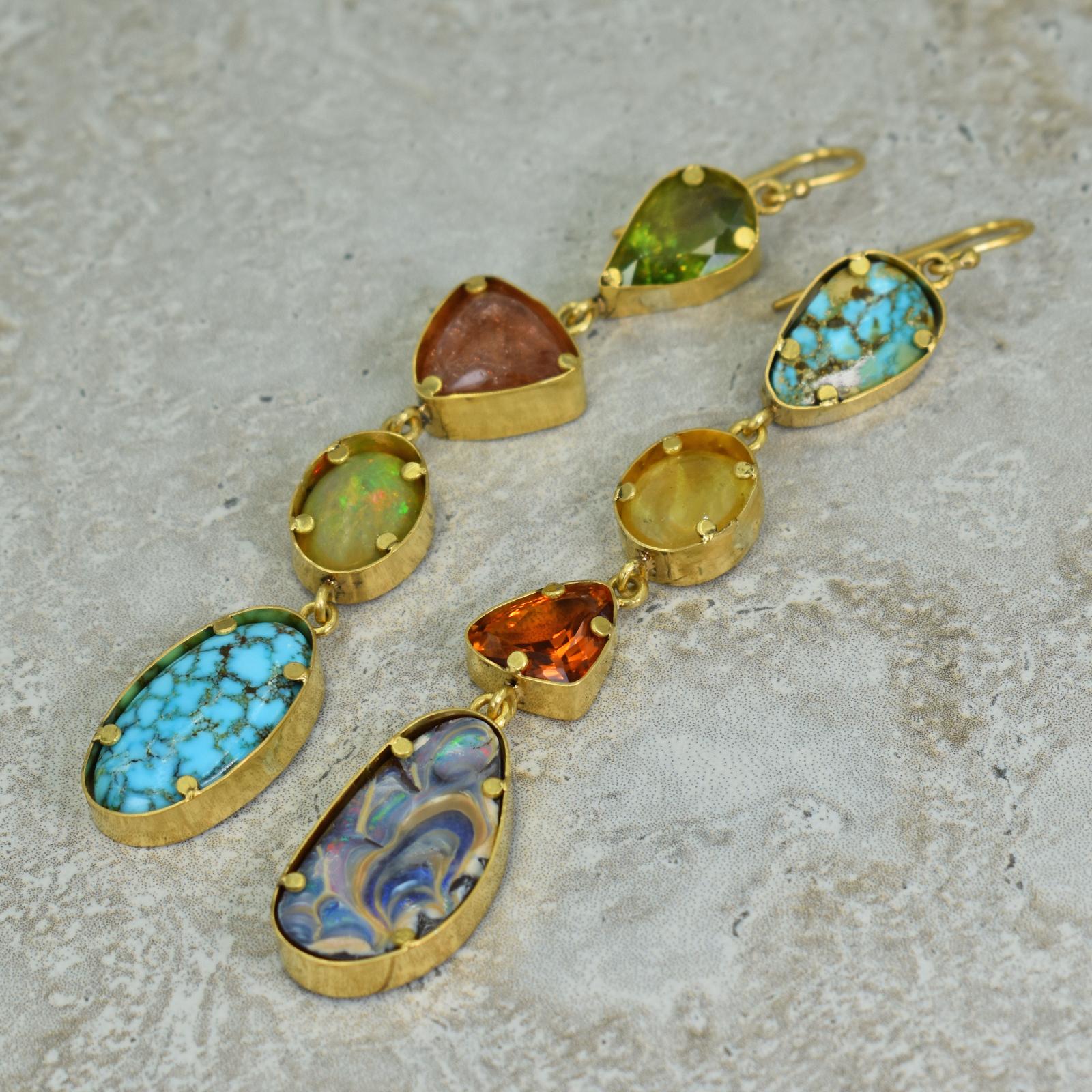 Women's Tourmaline, Turquoise, Opal and Citrine Multi-Gemstone 22k Gold Dangle Earrings