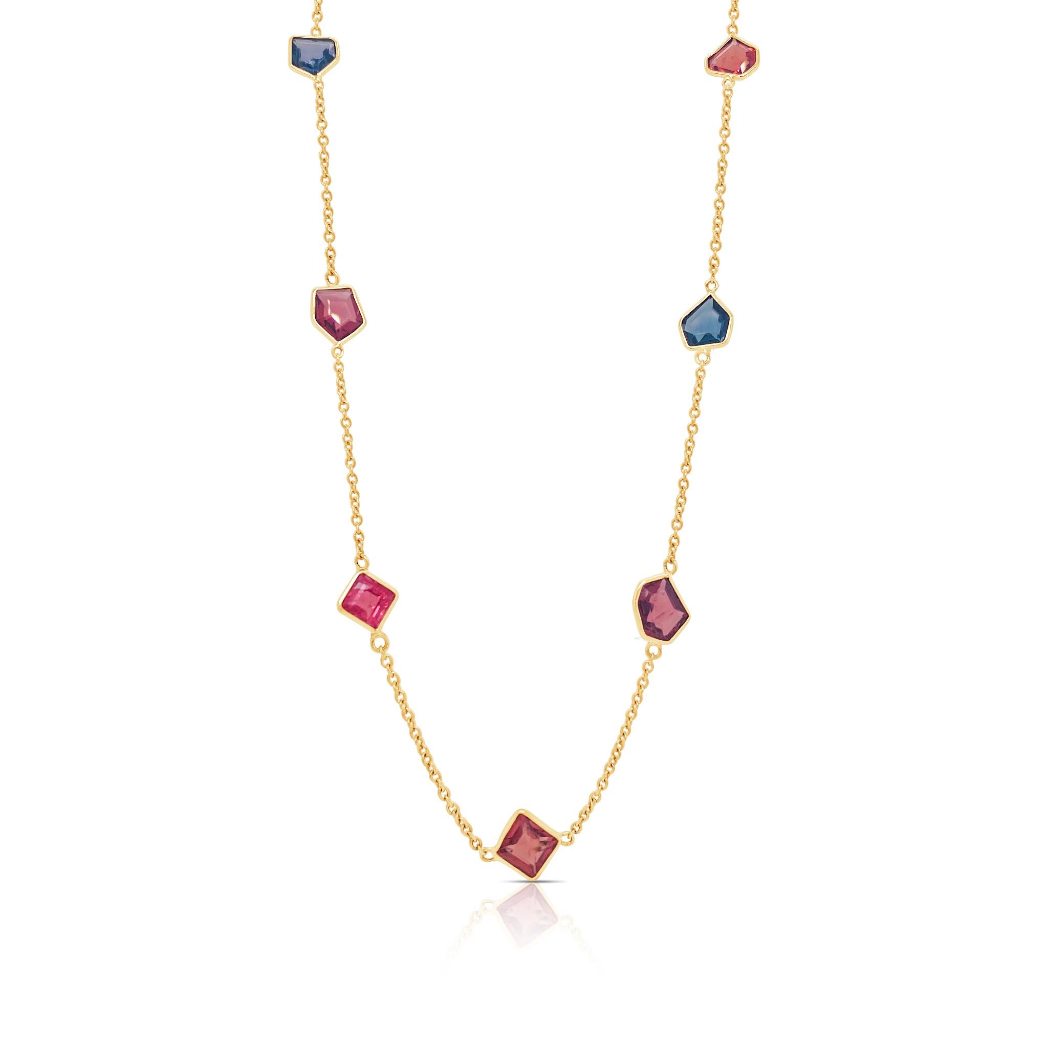 Tresor Beautiful Necklace features 12.89 carats of Tourmaline. The necklace is an ode to the luxurious yet classic beauty with sparkly gemstones and feminine hues. Its contemporary and modern design make it perfect and versatile to be worn at any