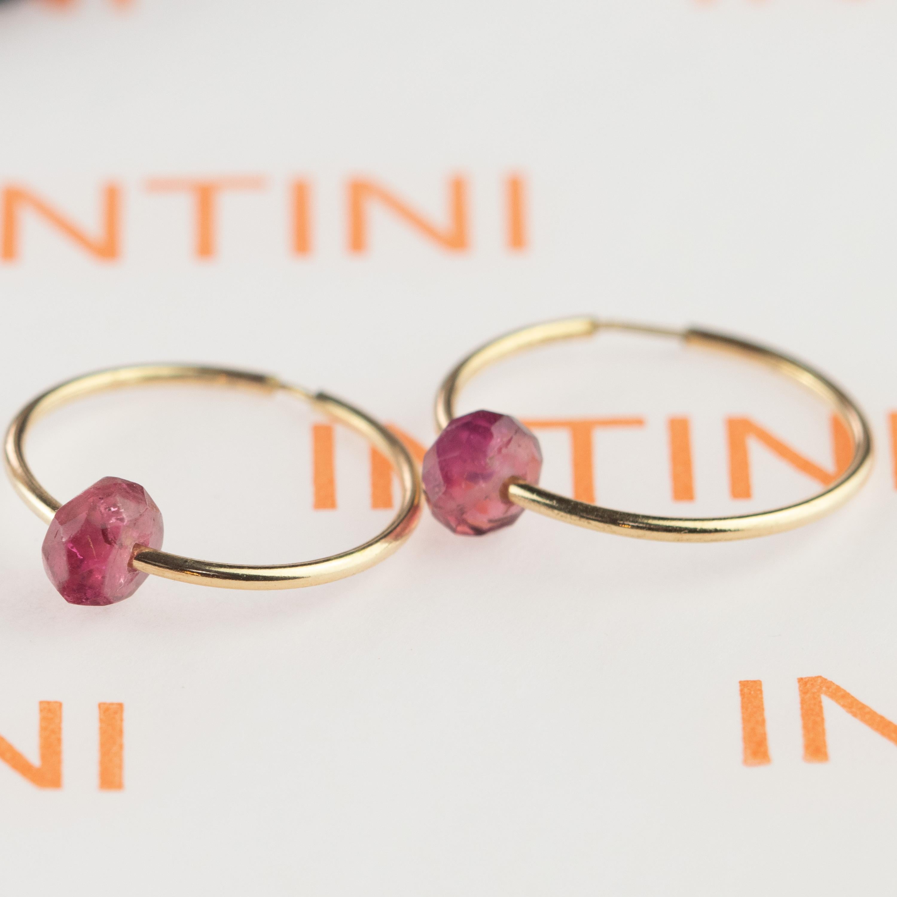 Signature INTINI Jewels planet earrings. Contemporary earring design in 18k yellow gold with a precious and luminous Tourmaline rondelle.  Passion and intensity mixed in one jewel. Delight yourself with a strong, minimalist design, just for a