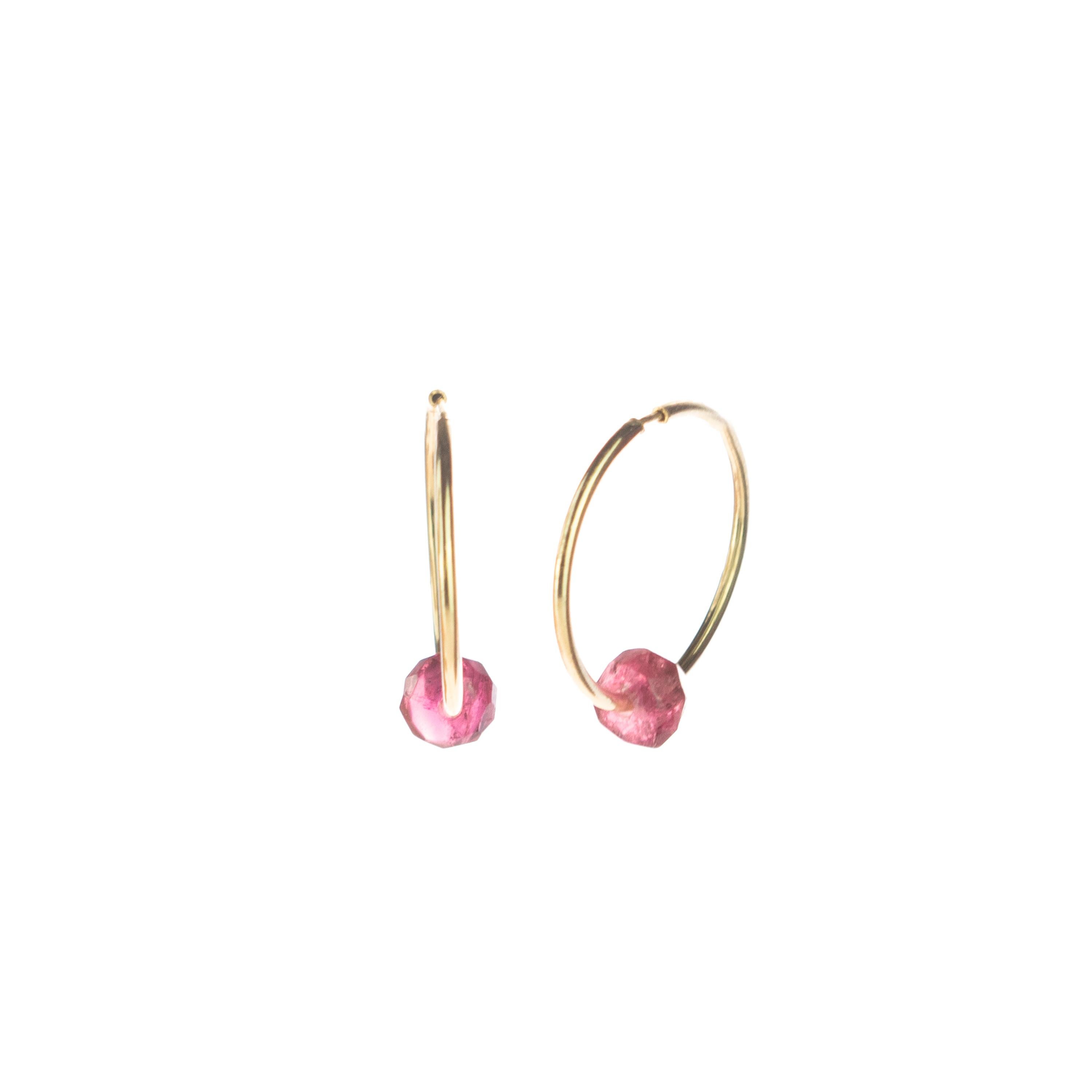 Tourmaline Violet Rondelle 18 Karat Gold Planet Venus Boho Modern Chic Earrings For Sale 1