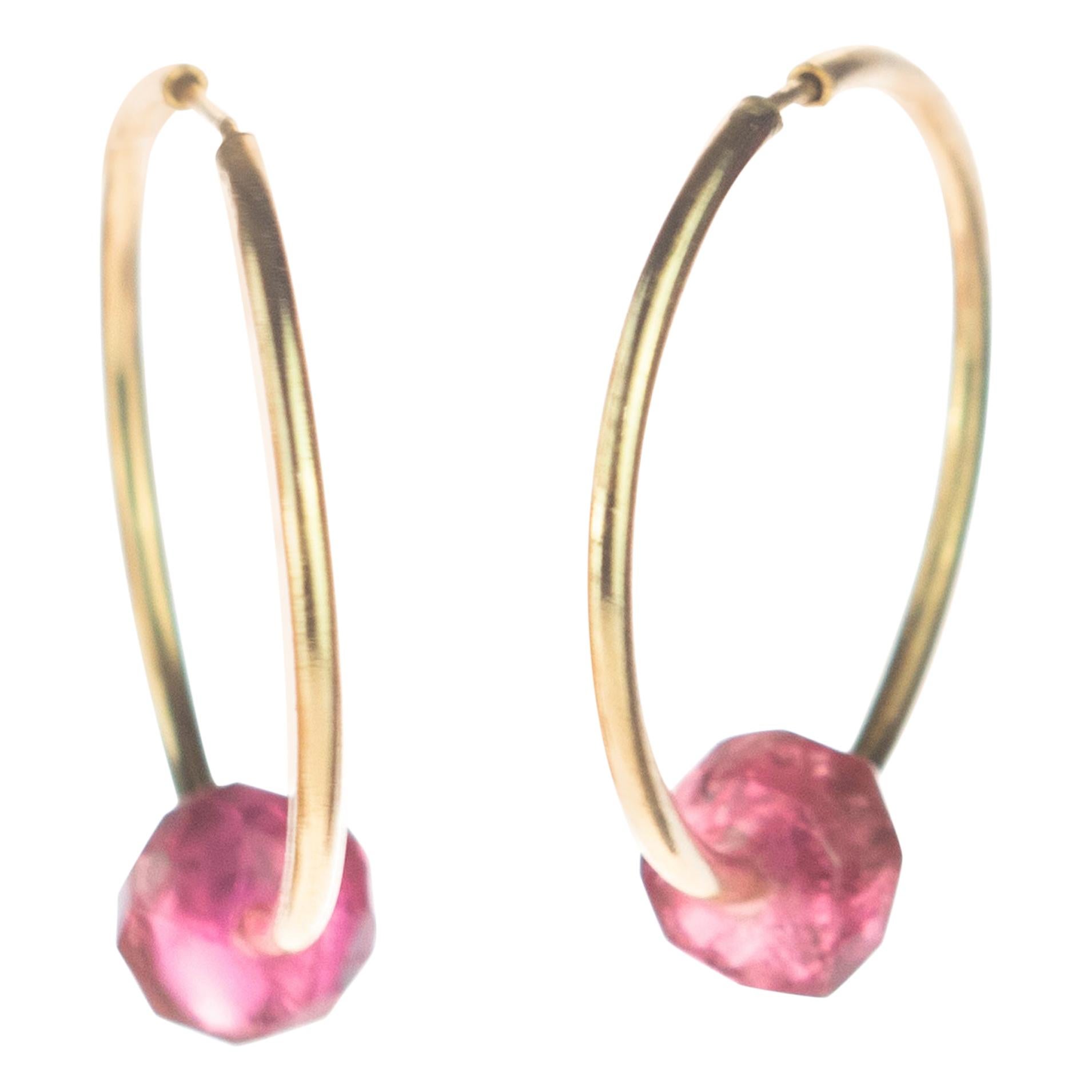 Tourmaline Violet Rondelle 18 Karat Gold Planet Venus Boho Modern Chic Earrings For Sale