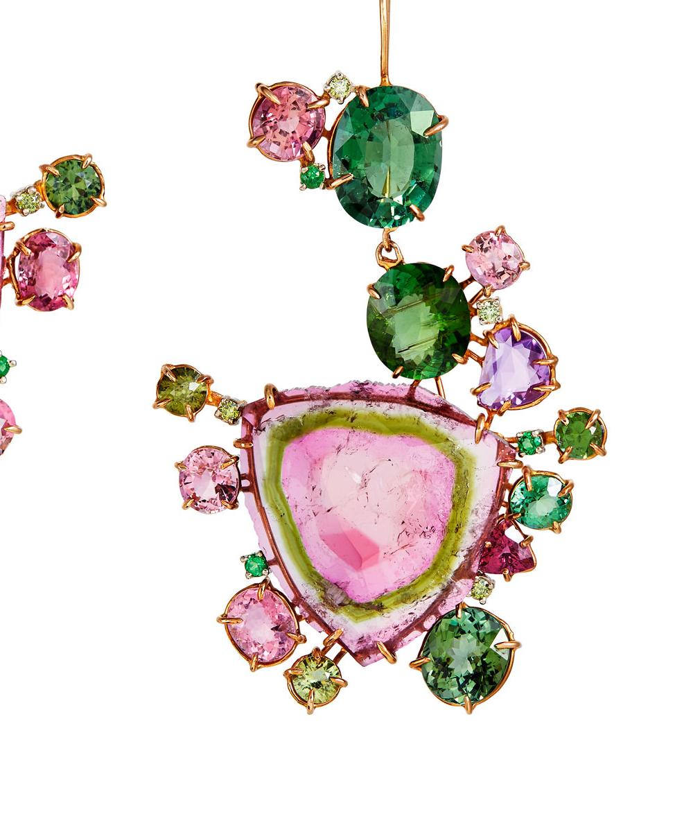 Tourmaline Watermelon Slice 18k Rose Gold Tsavorite Garnet Earrings In New Condition For Sale In Naples, FL