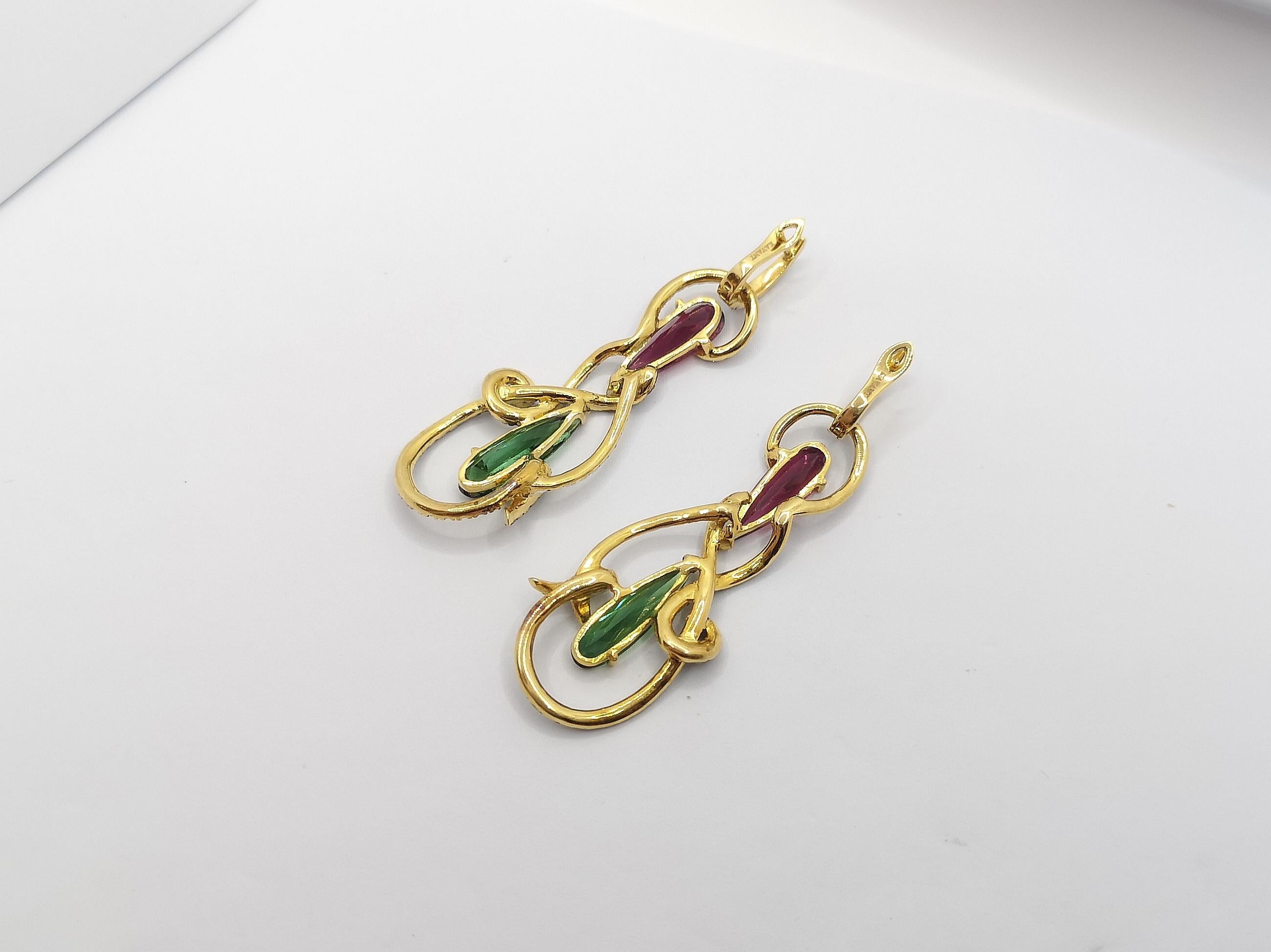 Mixed Cut Tourmaline with Brown Diamond and Diamond Earrings Set in 18 Karat Gold Settings For Sale