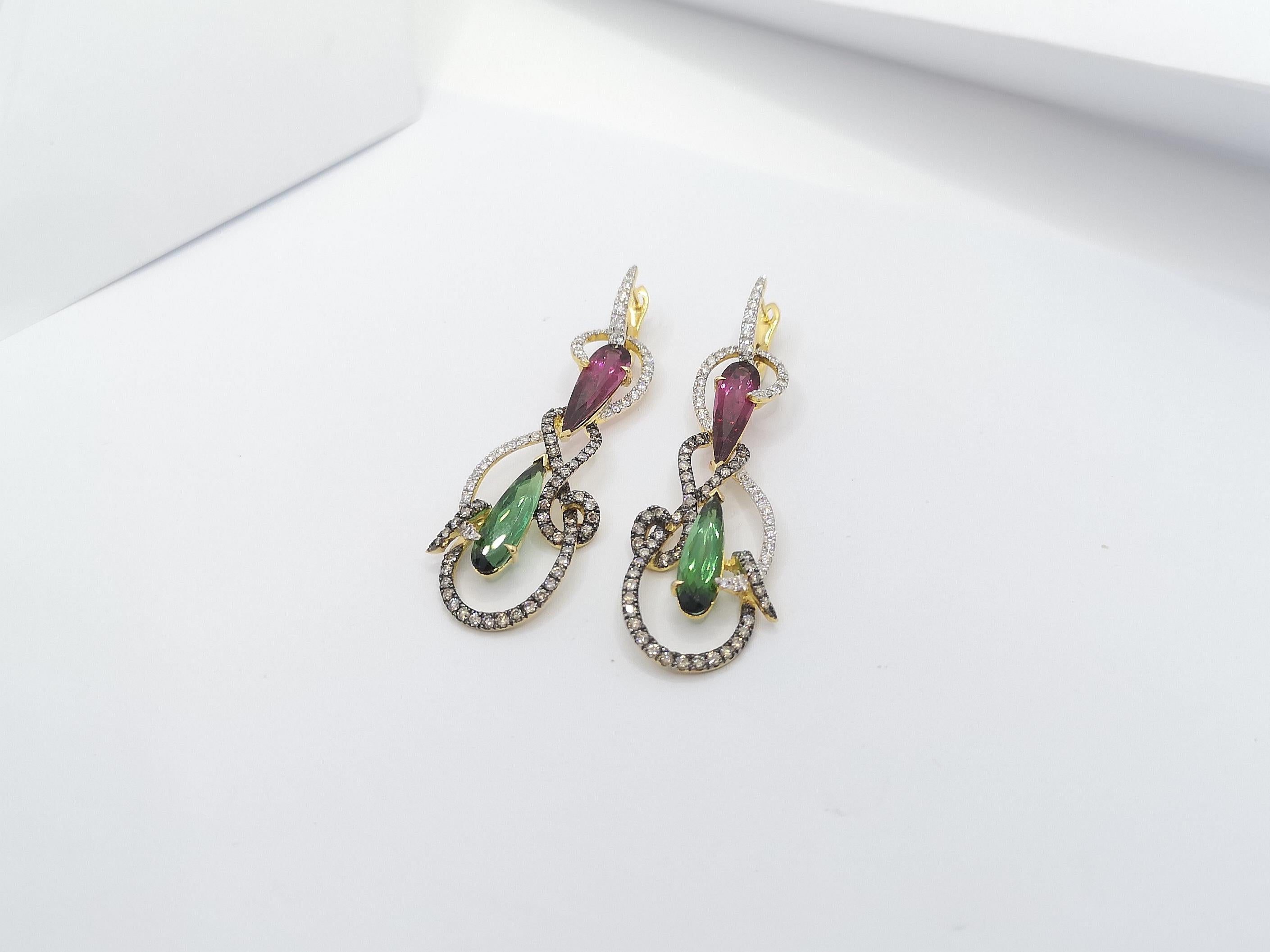 Tourmaline with Brown Diamond and Diamond Earrings Set in 18 Karat Gold Settings In New Condition For Sale In Bangkok, TH