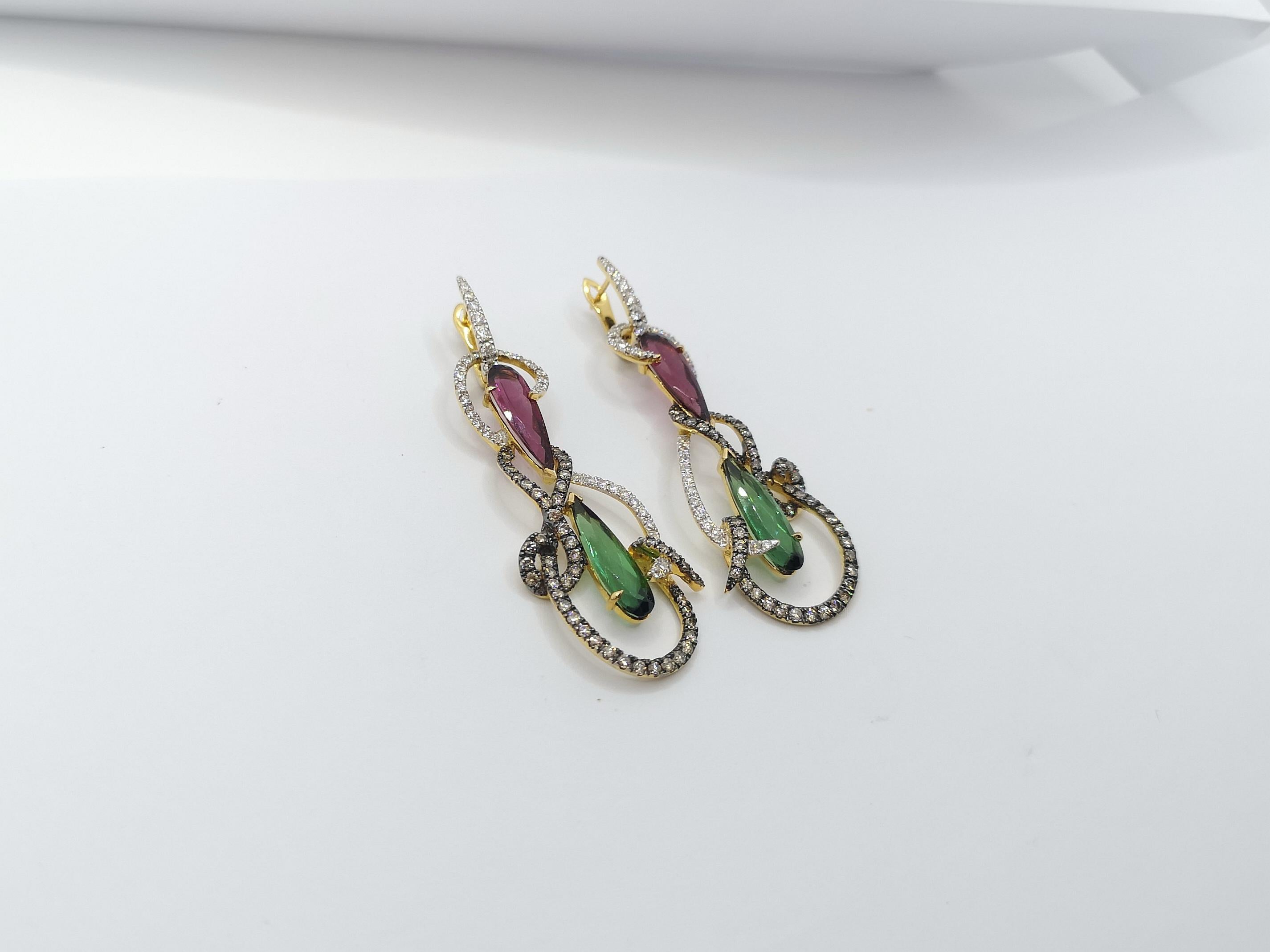 Women's Tourmaline with Brown Diamond and Diamond Earrings Set in 18 Karat Gold Settings For Sale