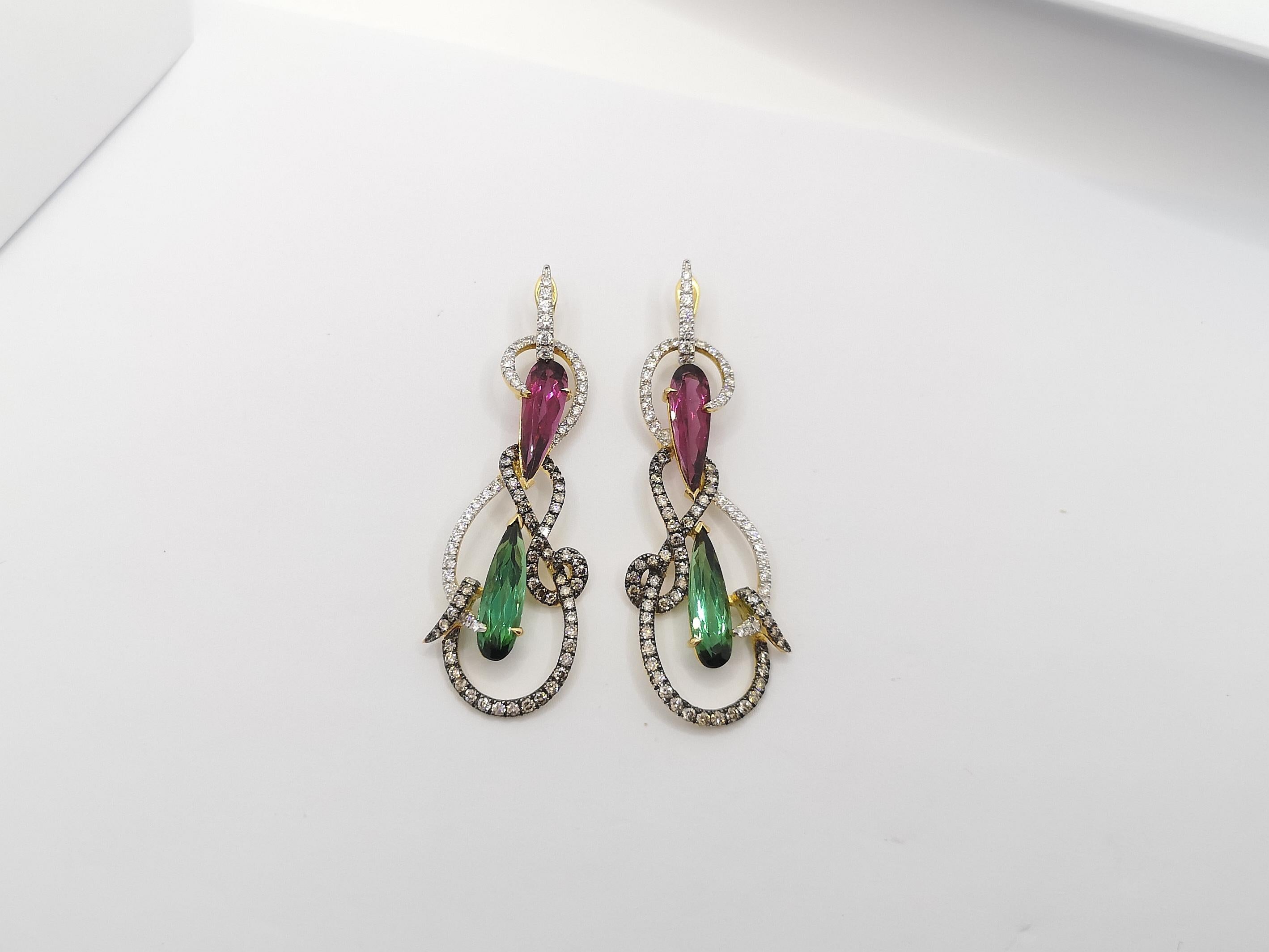 Tourmaline with Brown Diamond and Diamond Earrings Set in 18 Karat Gold Settings For Sale 1