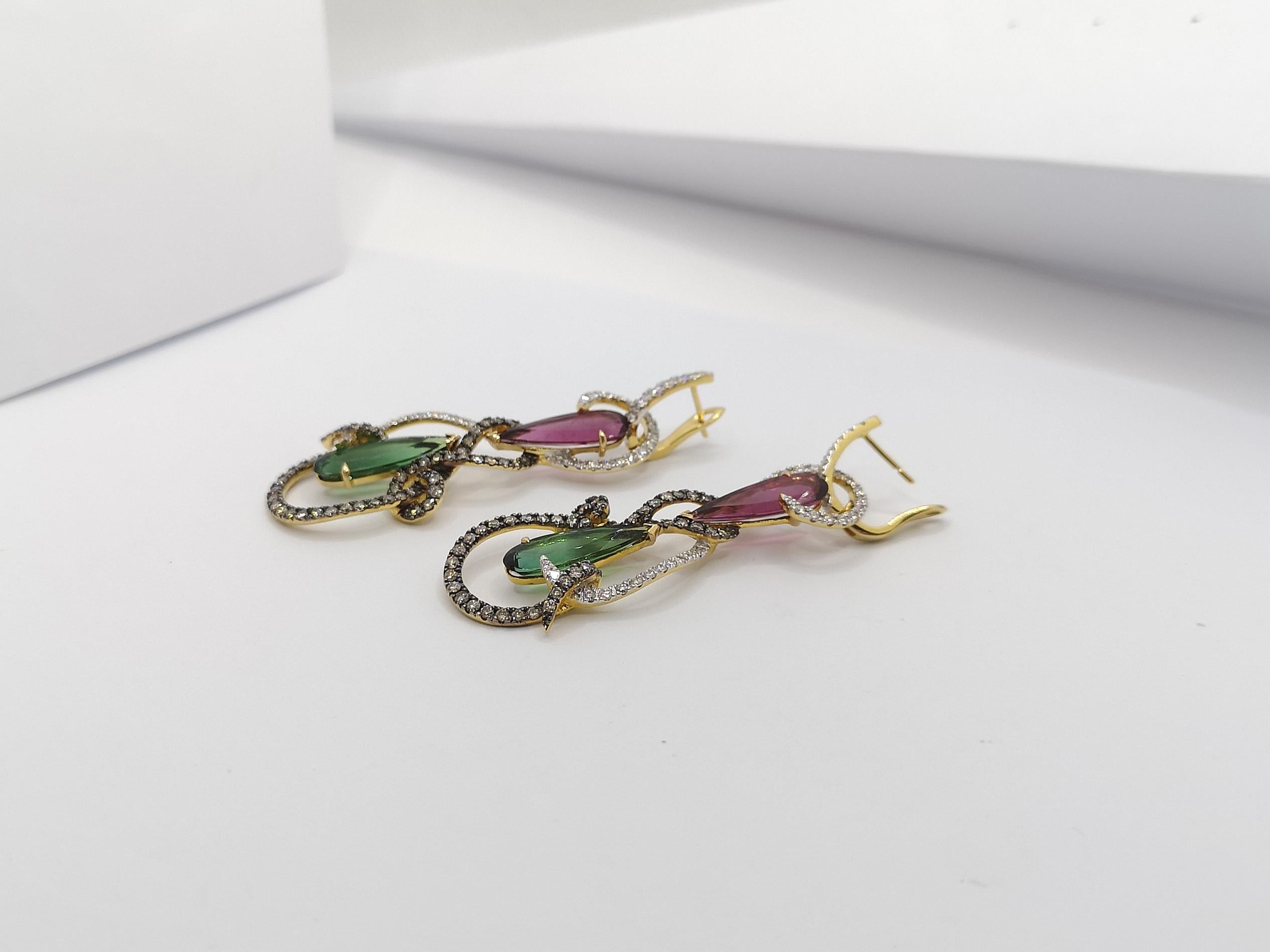 Tourmaline with Brown Diamond and Diamond Earrings Set in 18 Karat Gold Settings For Sale 2