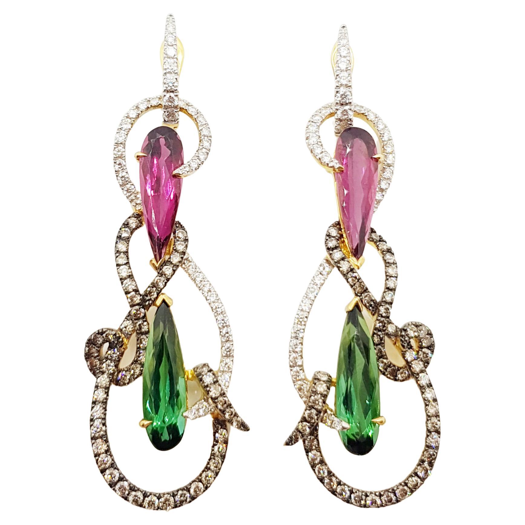 Tourmaline with Brown Diamond and Diamond Earrings Set in 18 Karat Gold Settings For Sale