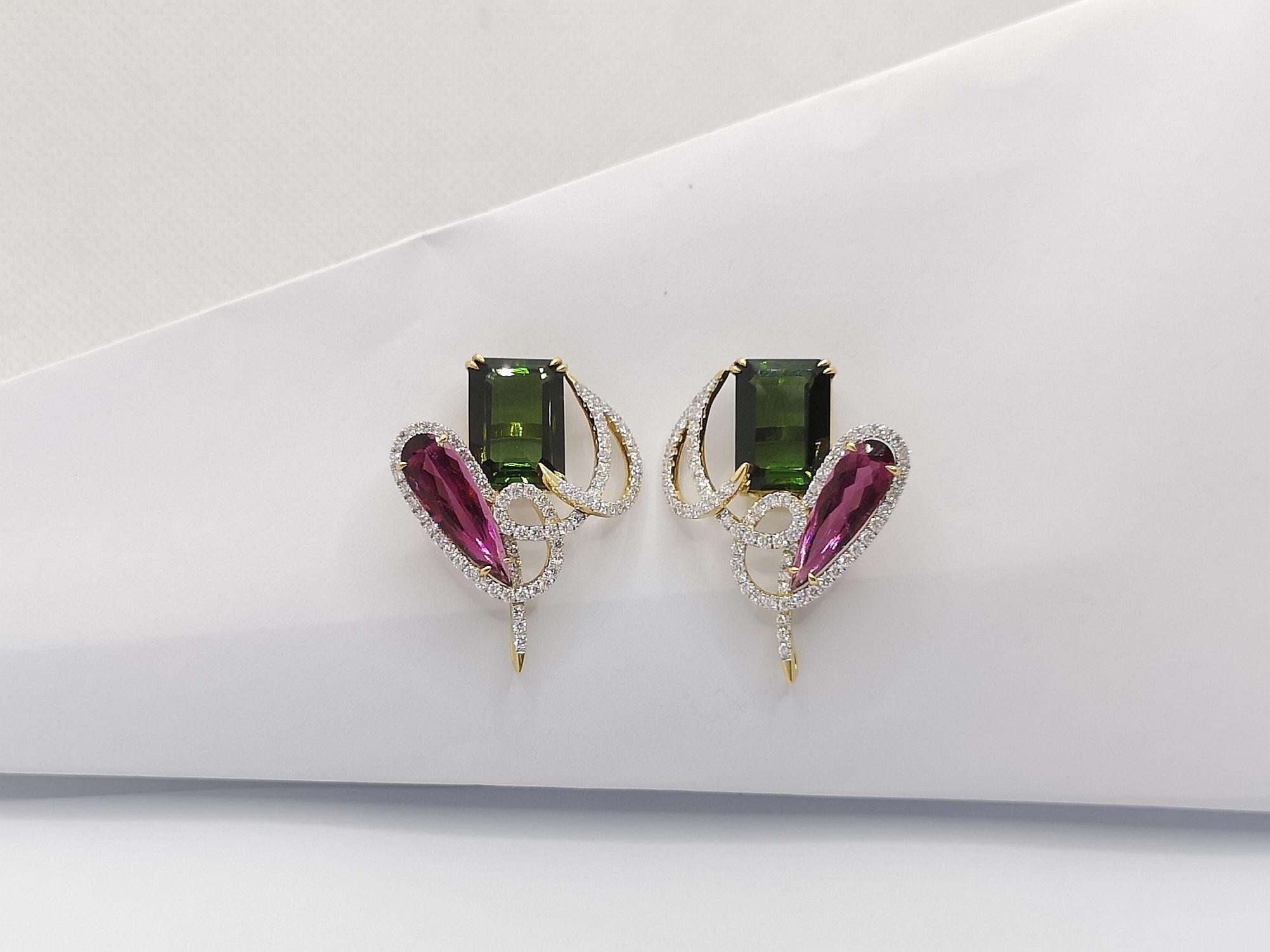 Tourmaline with Diamond Earrings Set in 18 Karat Gold Settings For Sale 4