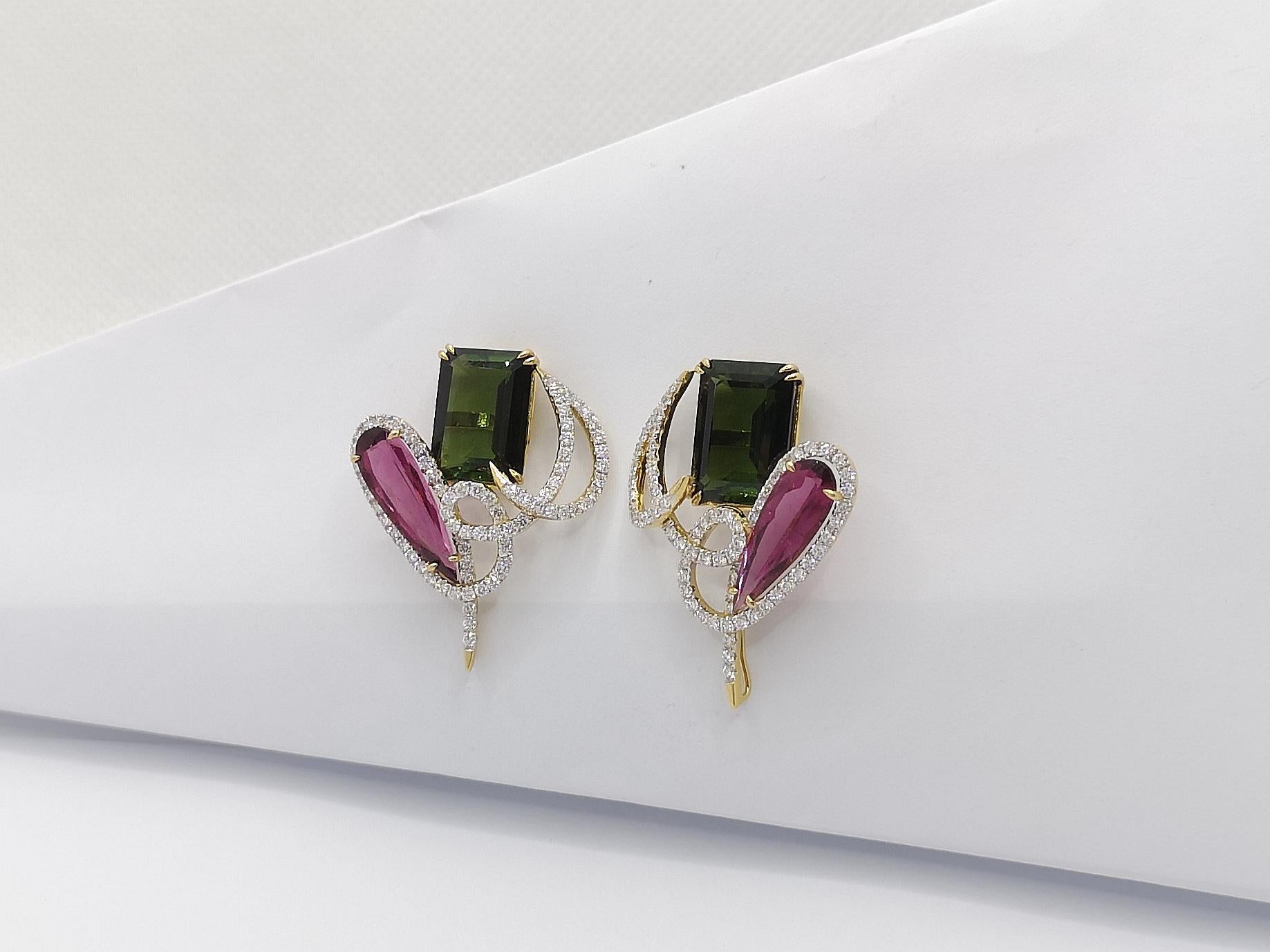 Tourmaline with Diamond Earrings Set in 18 Karat Gold Settings For Sale 5