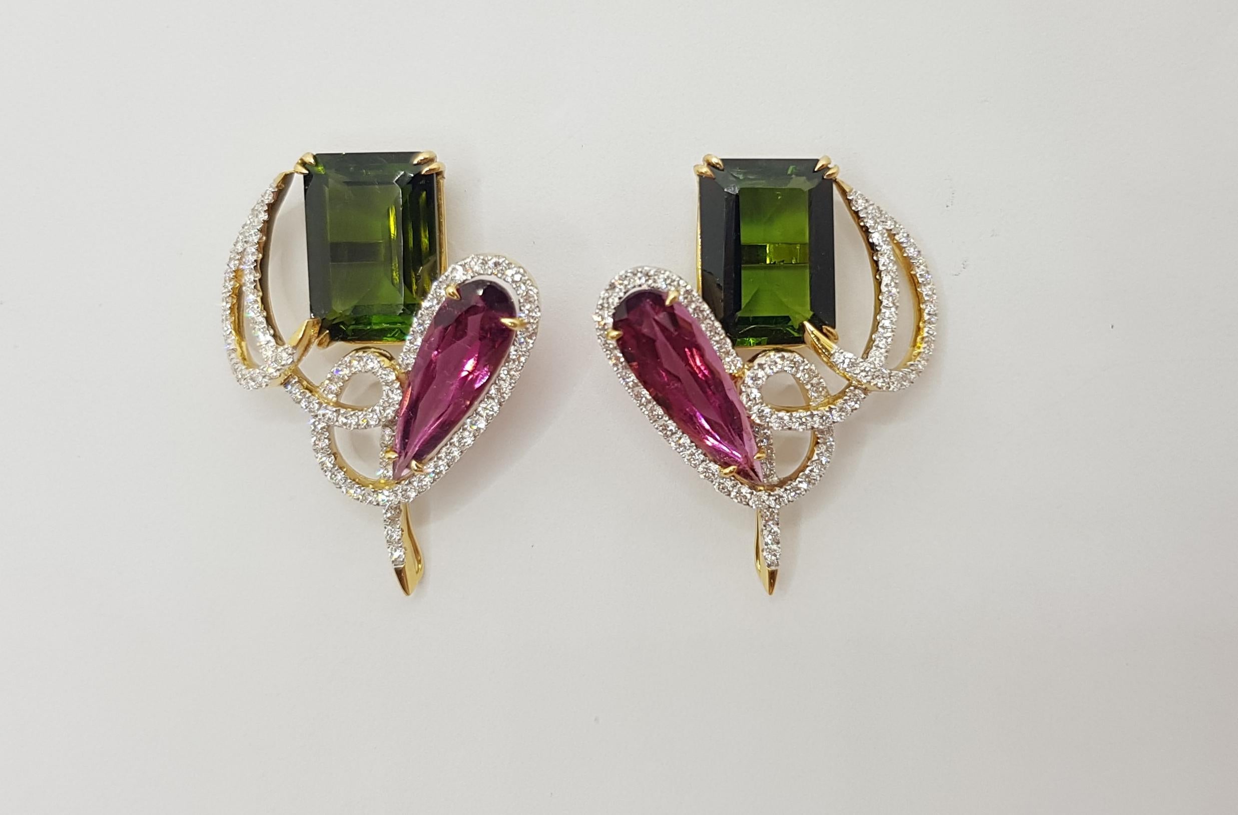Contemporary Tourmaline with Diamond Earrings Set in 18 Karat Gold Settings For Sale