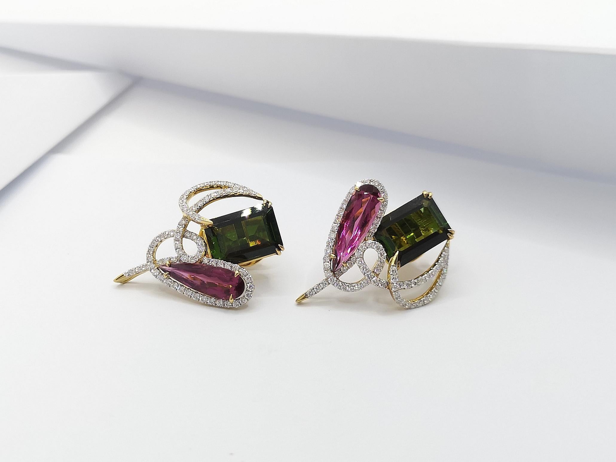 Mixed Cut Tourmaline with Diamond Earrings Set in 18 Karat Gold Settings For Sale