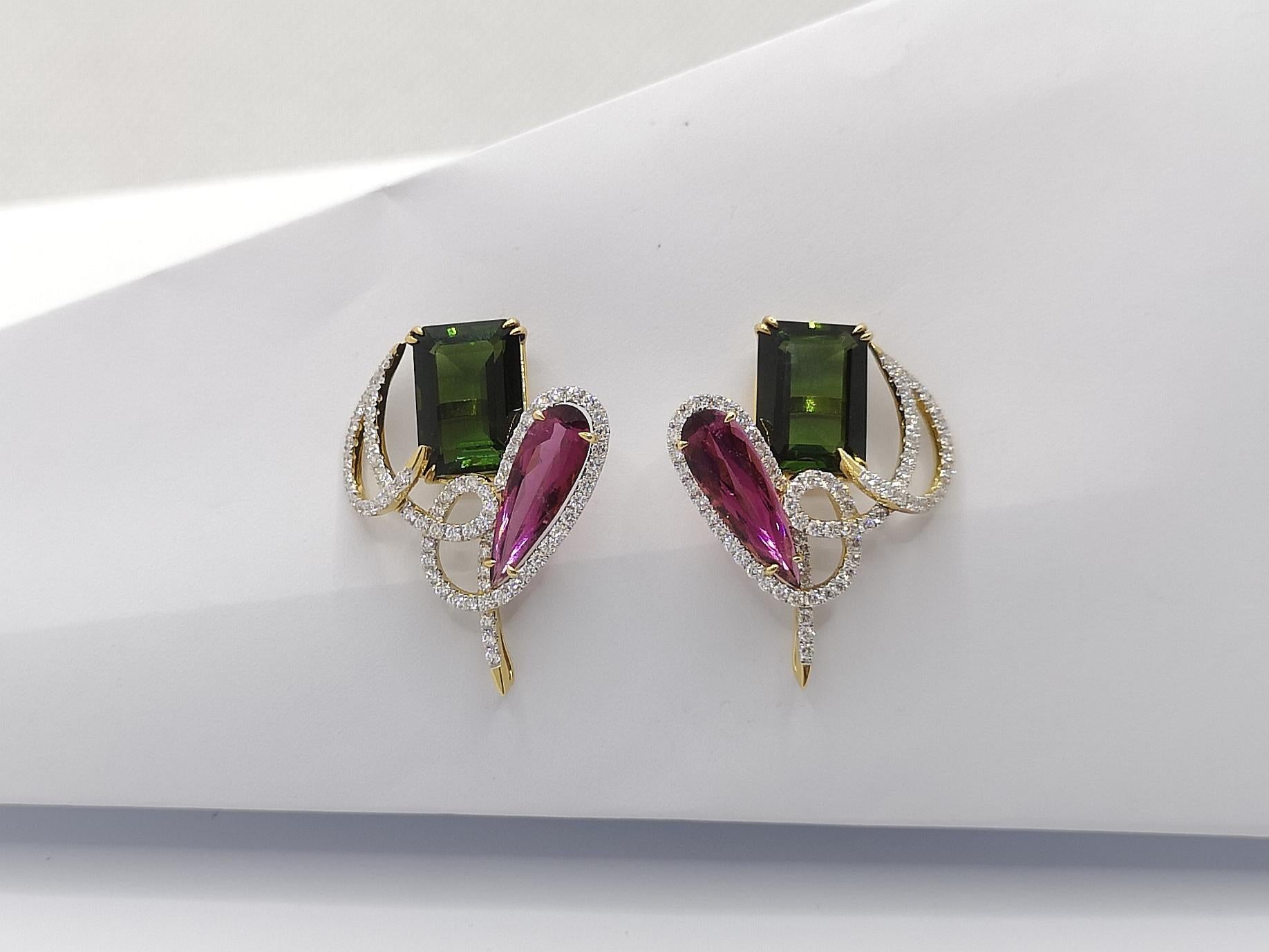 Tourmaline with Diamond Earrings Set in 18 Karat Gold Settings For Sale 2