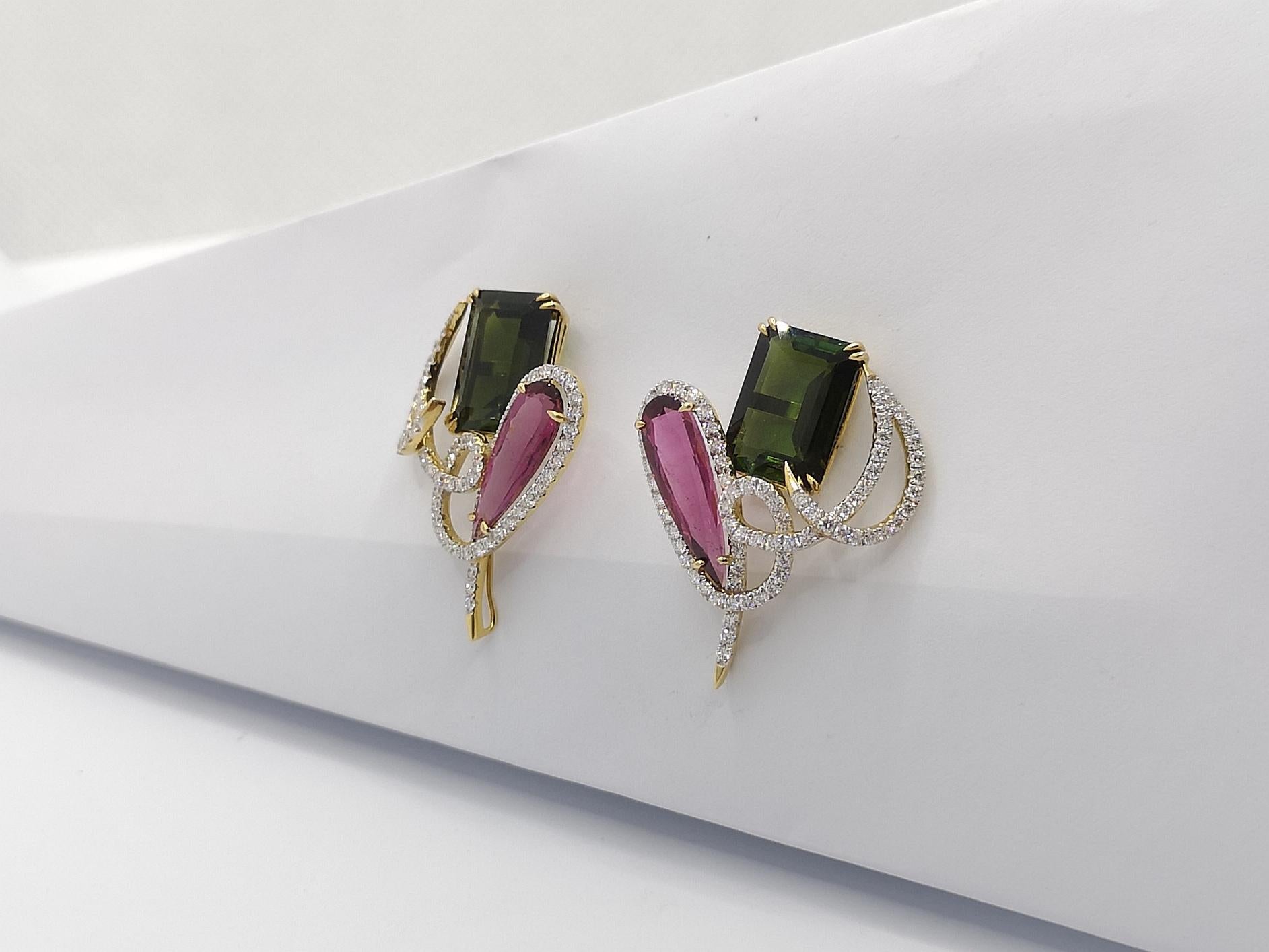 Tourmaline with Diamond Earrings Set in 18 Karat Gold Settings For Sale 3