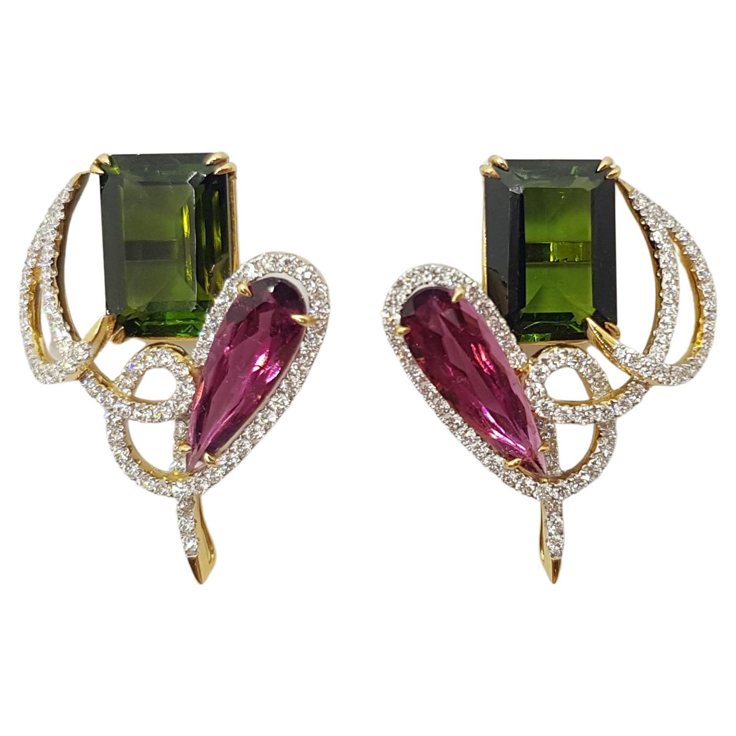 Tourmaline with Diamond Earrings Set in 18 Karat Gold Settings For Sale