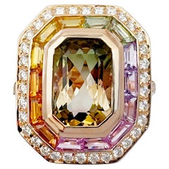 Bague en or rose 18 carats avec tourmaline, saphir fantaisie et diamant