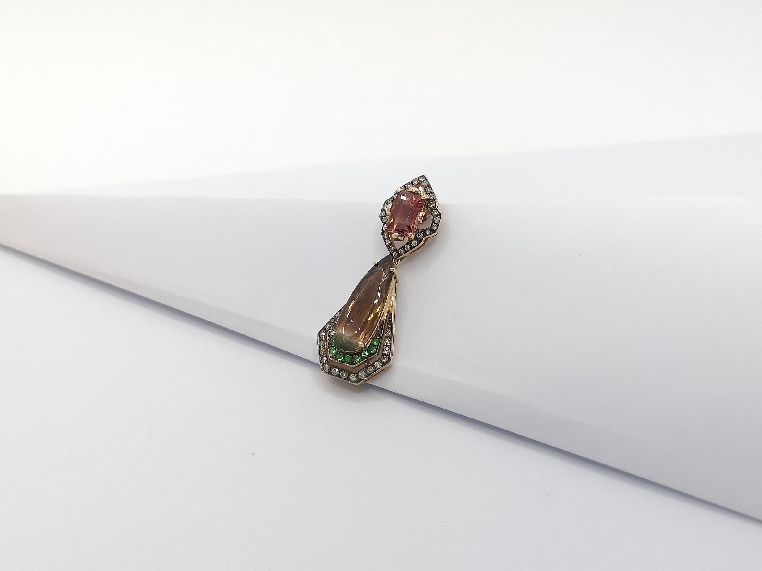 Tourmaline with Ruby, Tsavorite and Brown Diamond Pendant Set in 18 Karat Gold  For Sale 4