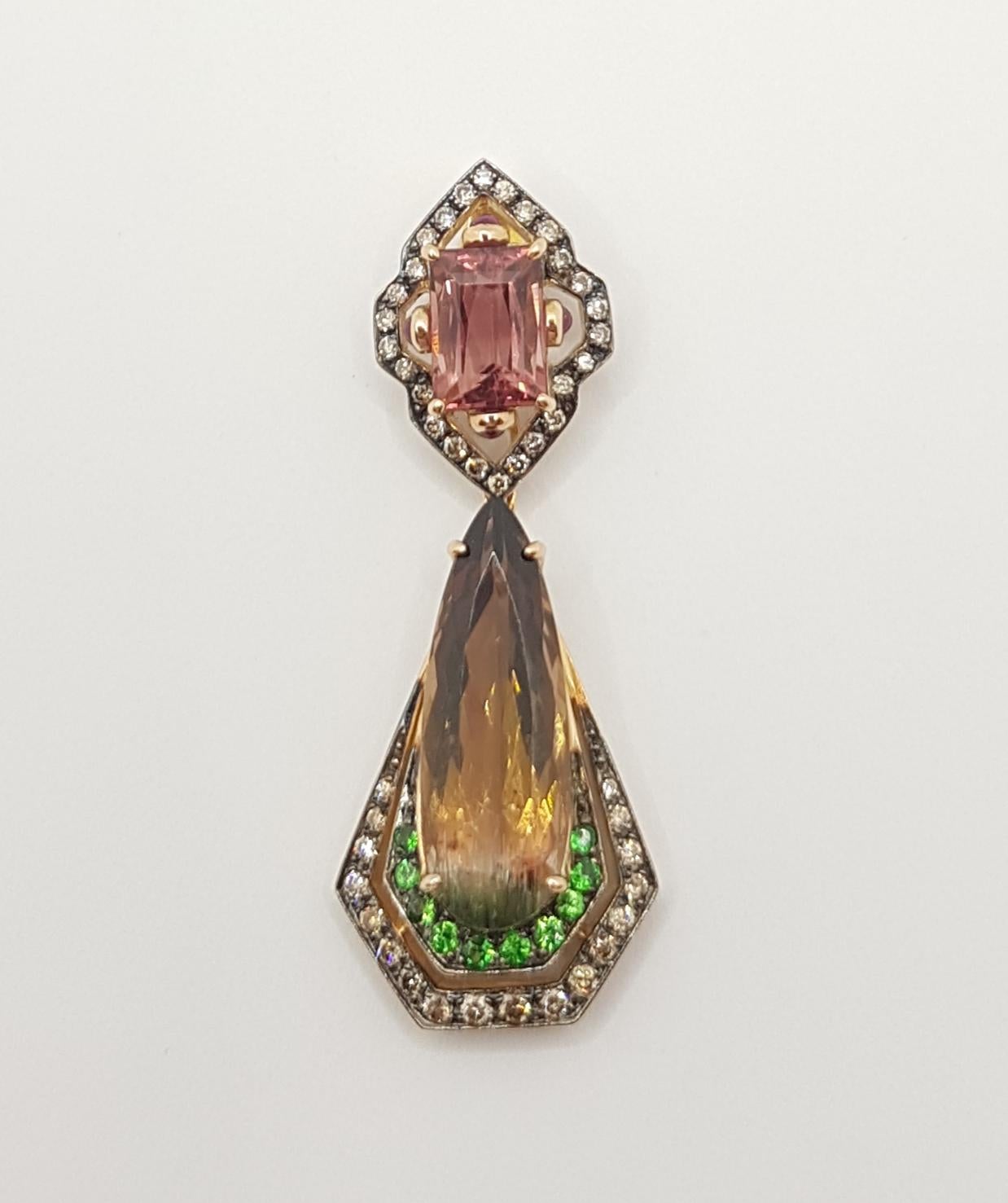 Art Deco Tourmaline with Ruby, Tsavorite and Brown Diamond Pendant Set in 18 Karat Gold  For Sale