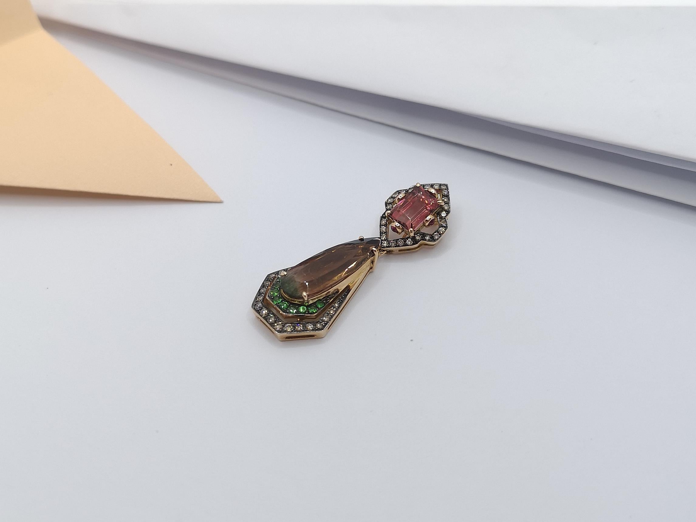 Tourmaline with Ruby, Tsavorite and Brown Diamond Pendant Set in 18 Karat Gold  In New Condition For Sale In Bangkok, TH