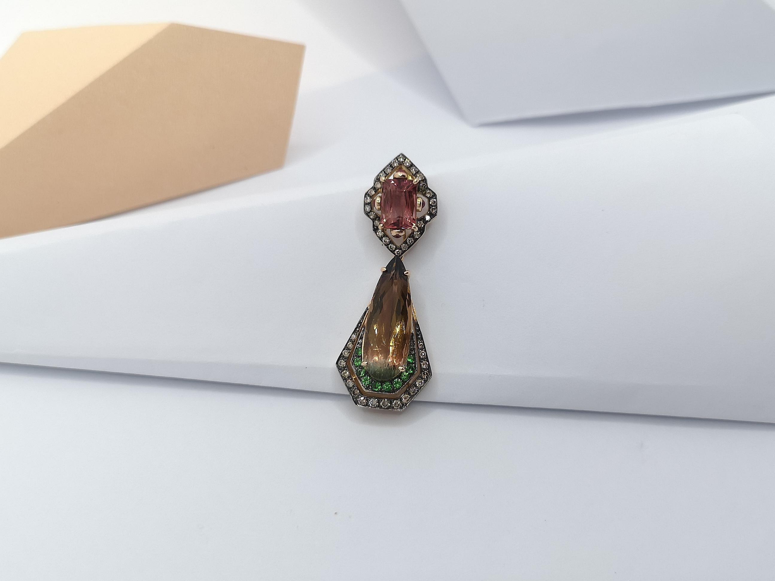 Tourmaline with Ruby, Tsavorite and Brown Diamond Pendant Set in 18 Karat Gold  For Sale 3