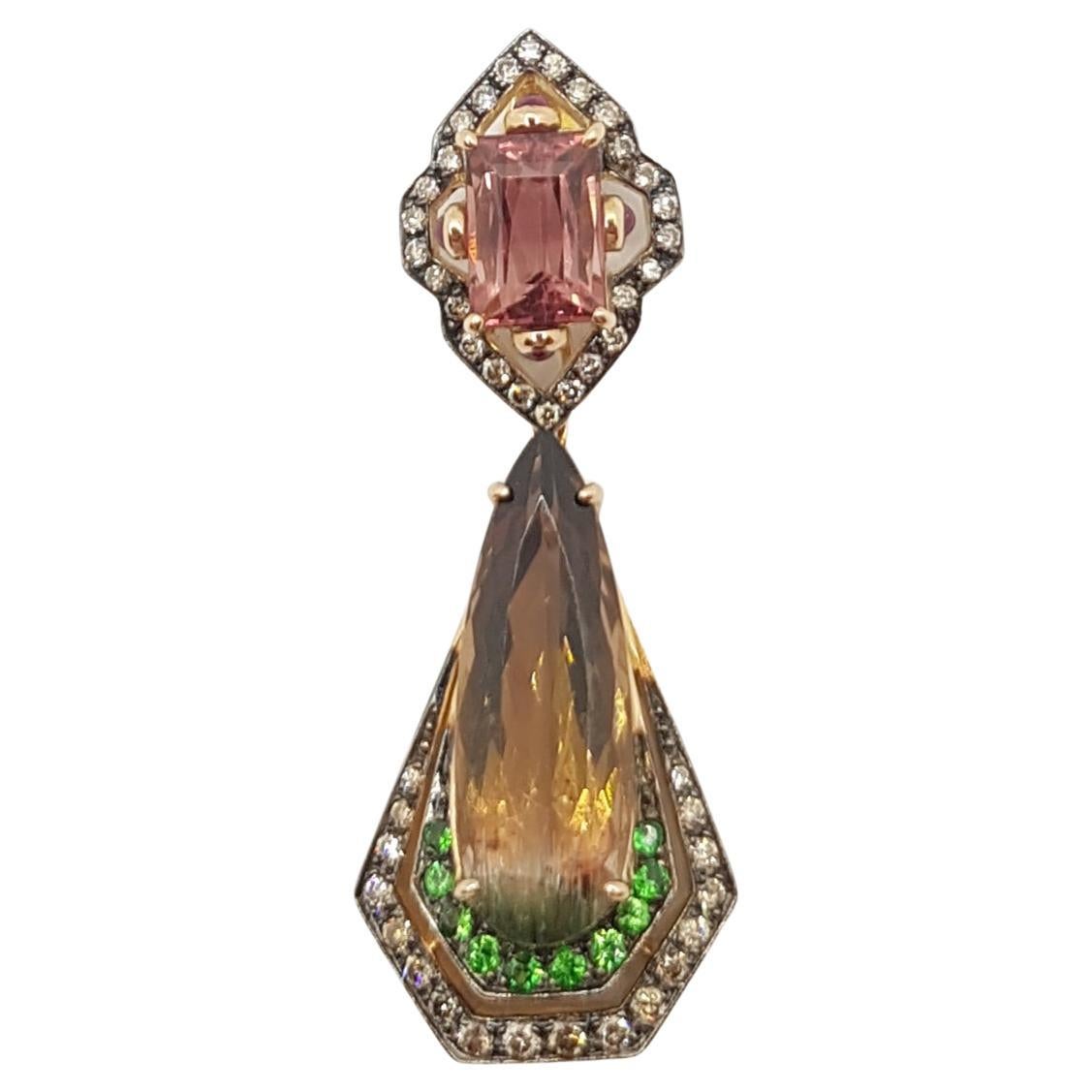 Tourmaline with Ruby, Tsavorite and Brown Diamond Pendant Set in 18 Karat Gold  For Sale