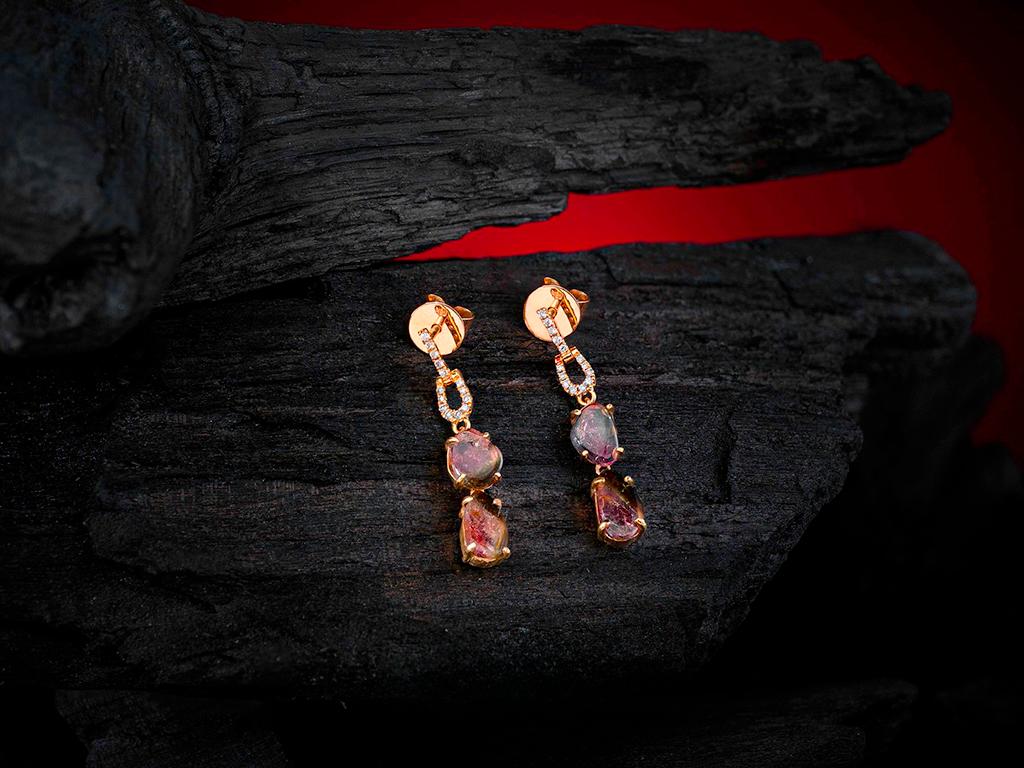 Turmalina Pendientes Oro Amarillo Diamantes Bicolor Gema Natural Poder Studs Unisex en venta 5