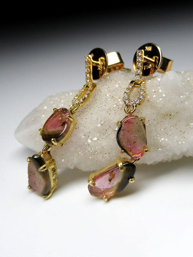 Turmalina Pendientes Oro Amarillo Diamantes Bicolor Gema Natural Poder Studs Unisex Artesano en venta