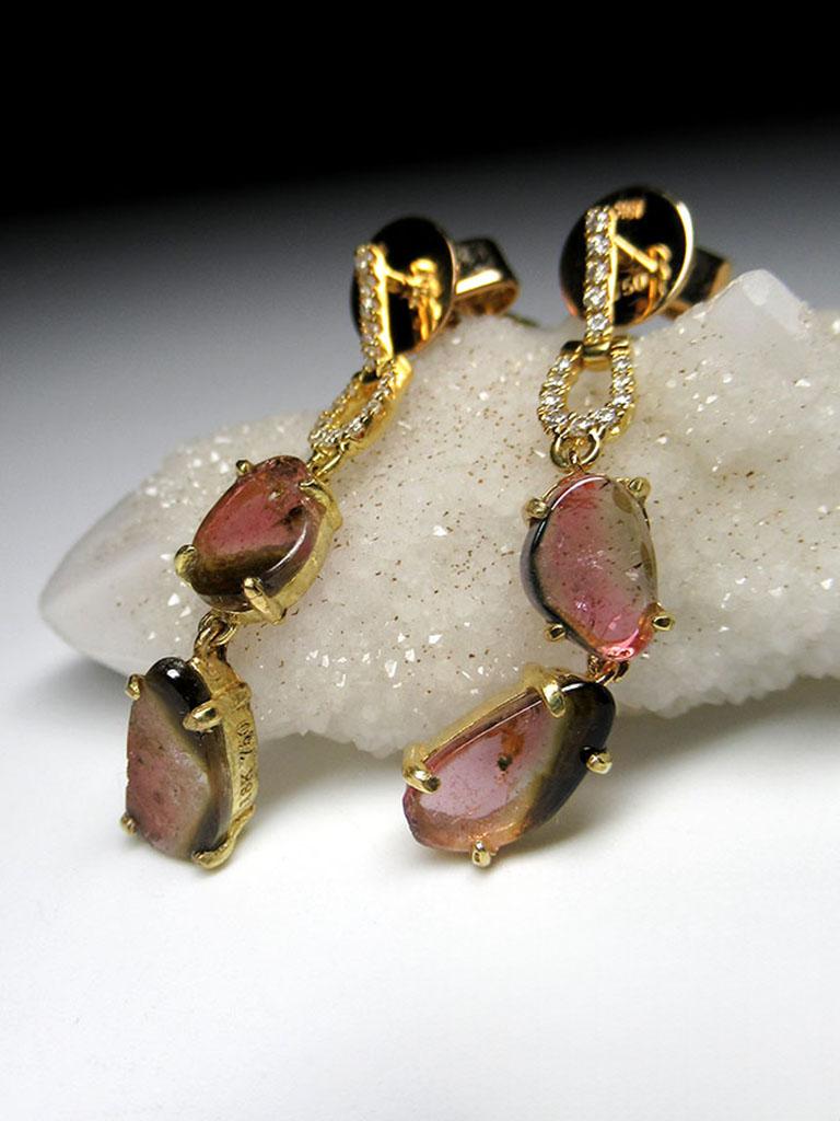 Turmalina Pendientes Oro Amarillo Diamantes Bicolor Gema Natural Poder Studs Unisex Sin cortar en venta