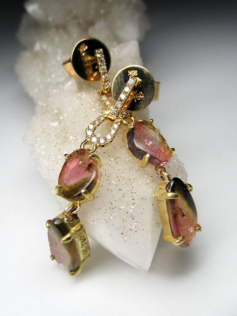 Turmalina Pendientes Oro Amarillo Diamantes Bicolor Gema Natural Poder Studs Unisex en venta 1