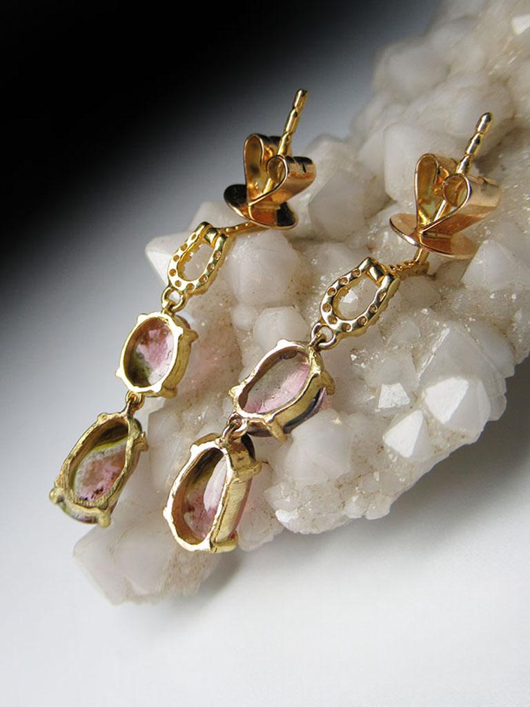 Turmalina Pendientes Oro Amarillo Diamantes Bicolor Gema Natural Poder Studs Unisex en venta 2