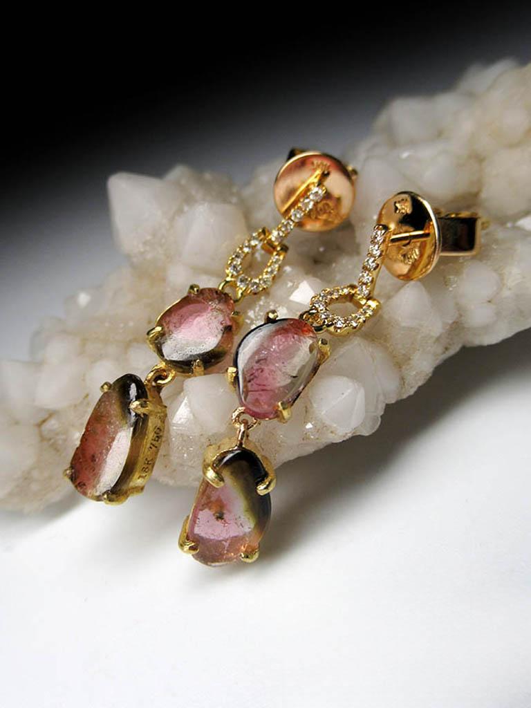 Turmalina Pendientes Oro Amarillo Diamantes Bicolor Gema Natural Poder Studs Unisex en venta 3