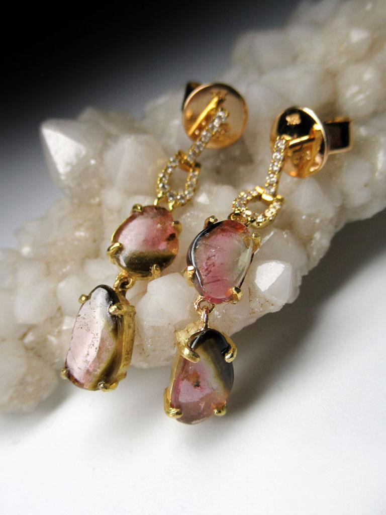 Turmalina Pendientes Oro Amarillo Diamantes Bicolor Gema Natural Poder Studs Unisex en venta 4