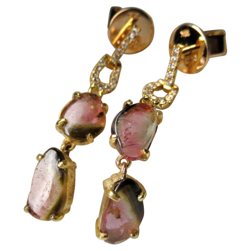 Turmalina Pendientes Oro Amarillo Diamantes Bicolor Gema Natural Poder Studs Unisex