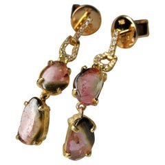 Tourmaline Yellow Gold Earrings Diamonds Bicolor Natural Gem Power Unisex Studs