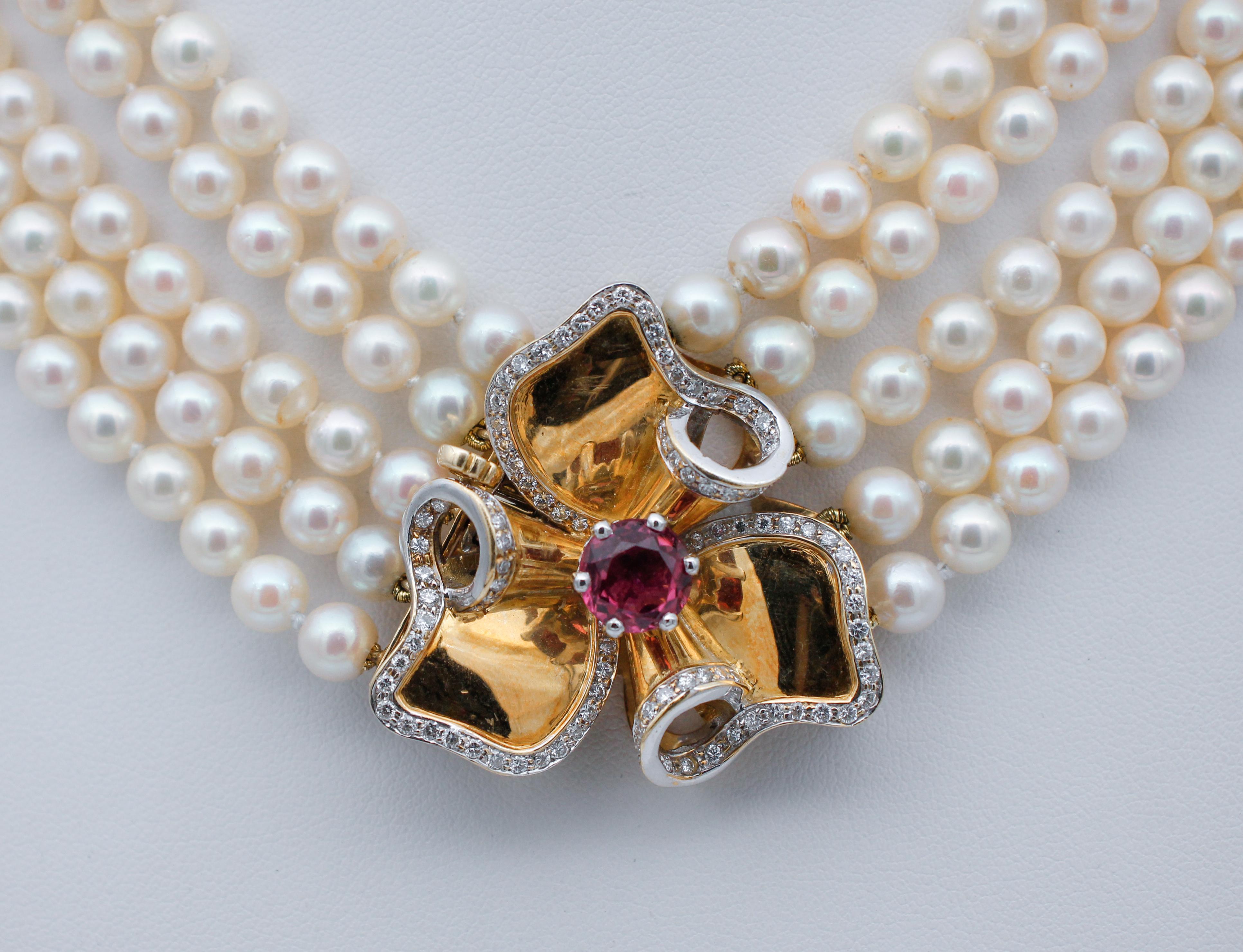 Tourmaline, Diamonds, Pearls, 18 Karat Yellow Gold Parure In Good Condition In Marcianise, Marcianise (CE)