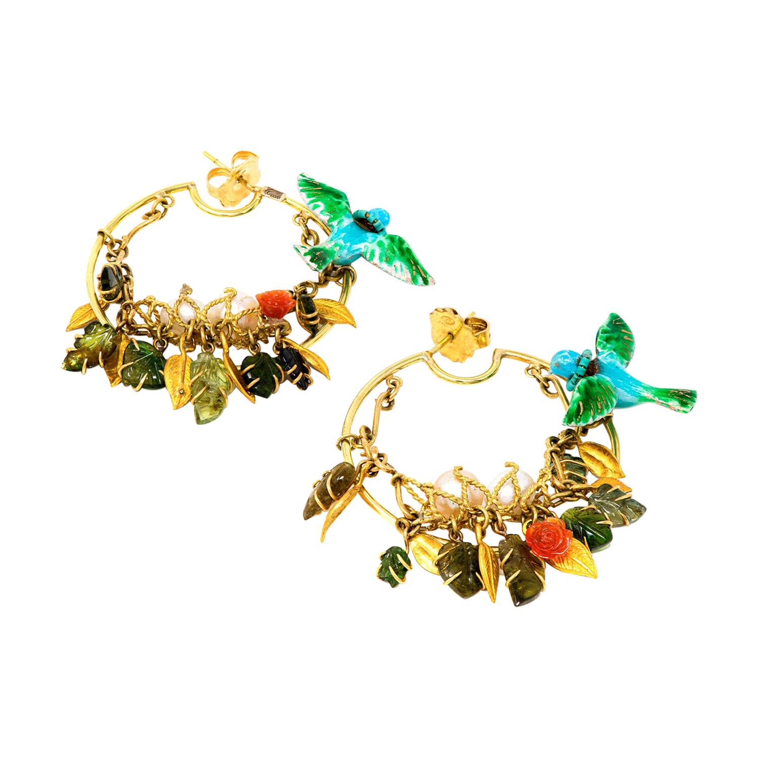 21st Century Tourmalines Fire Opals Roses Leaves Pearl Birds Gold Hoop Earring