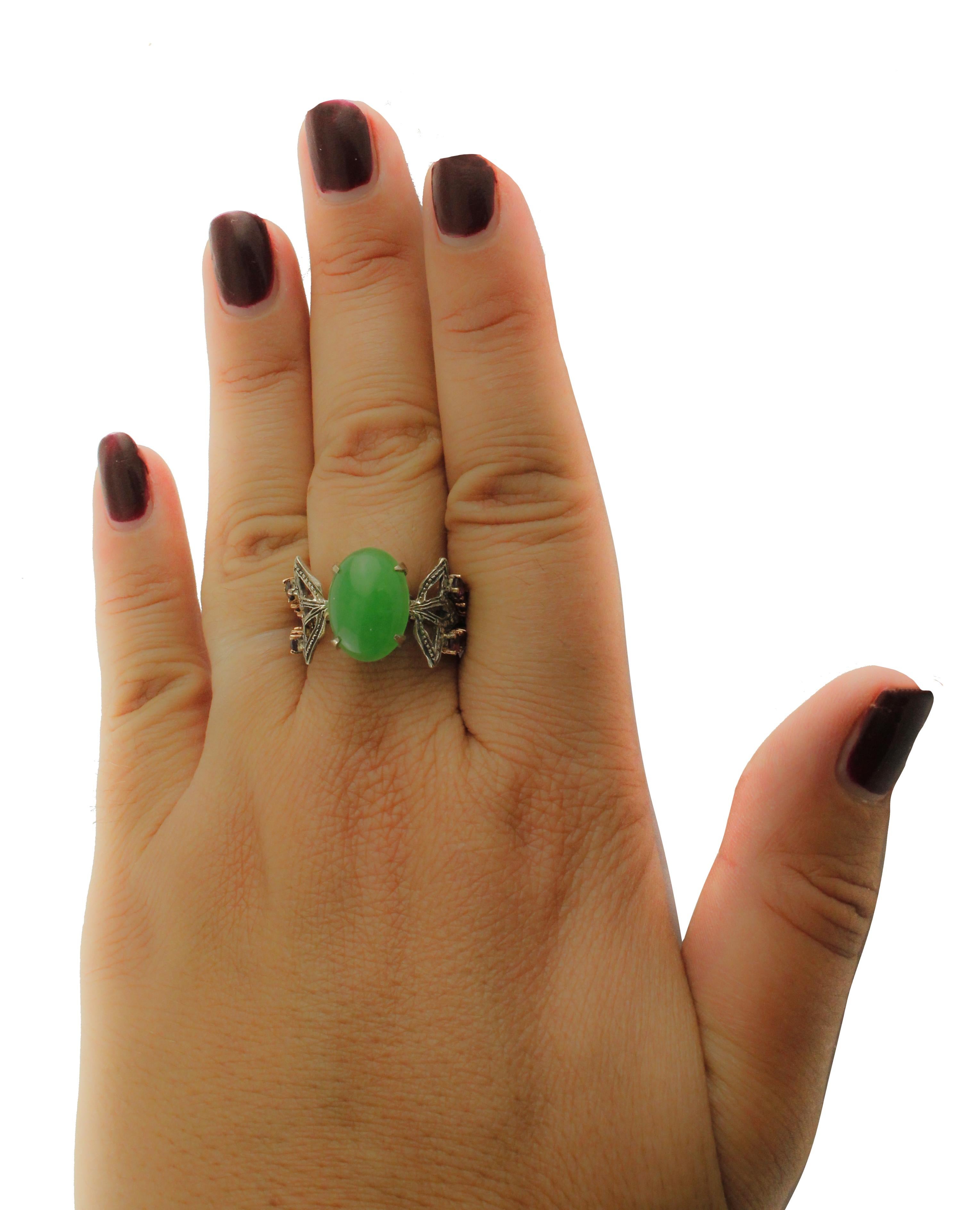 Tourmalines Jade Diamonds Rose Gold and Silver Ring 1