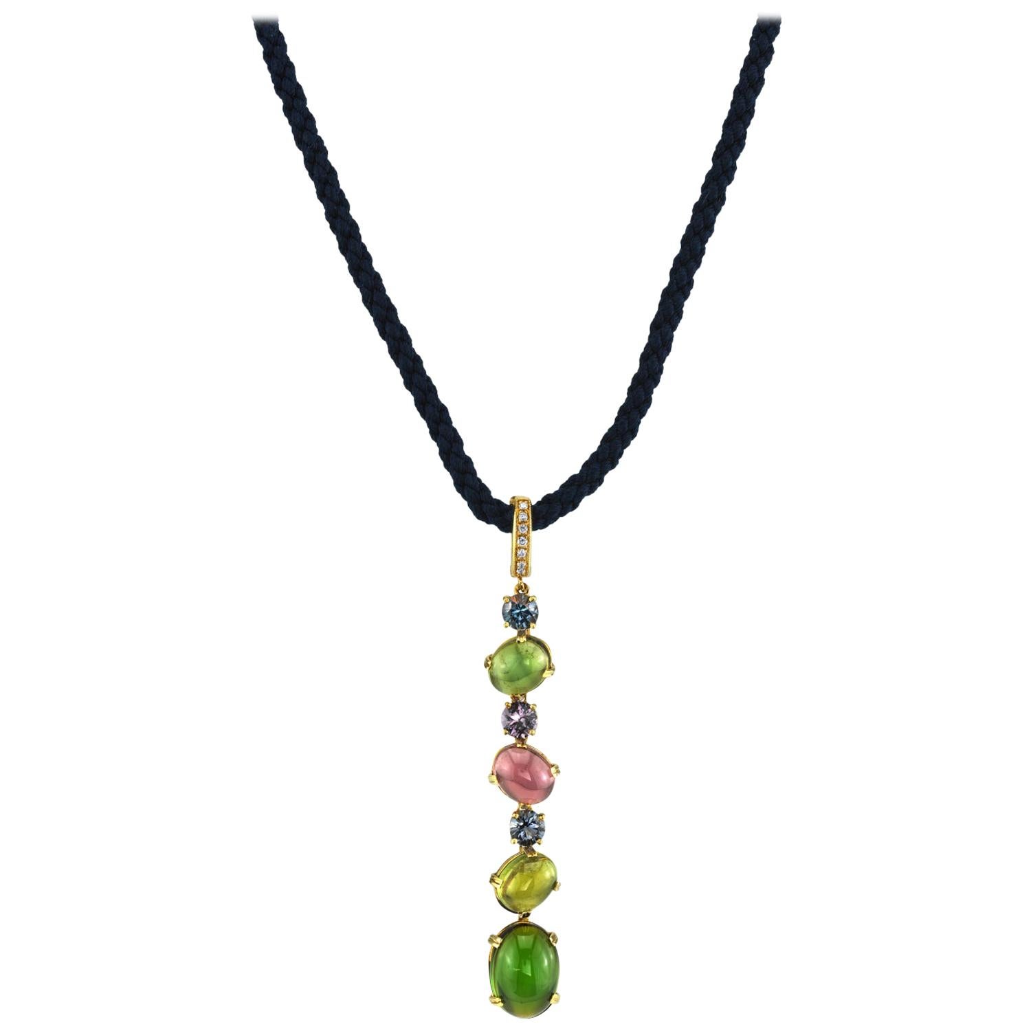 Tourmaline, Spinel, Diamond 18k Yellow Gold Rainbow Waterfall Enhancer Pendant