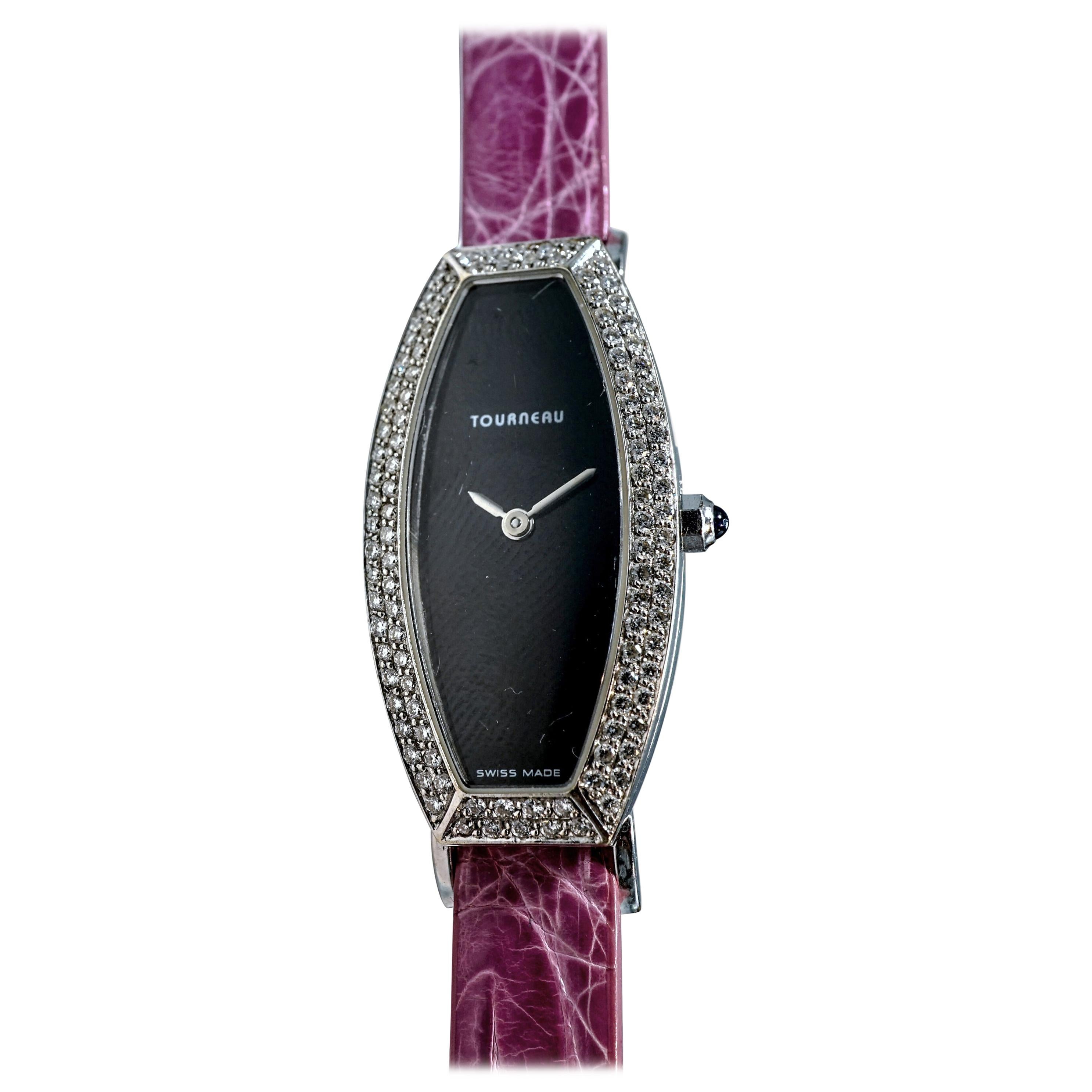 Tourneru 18 Karat White Gold Diamond and Mother of Pearl Watch with Gator Strap For Sale