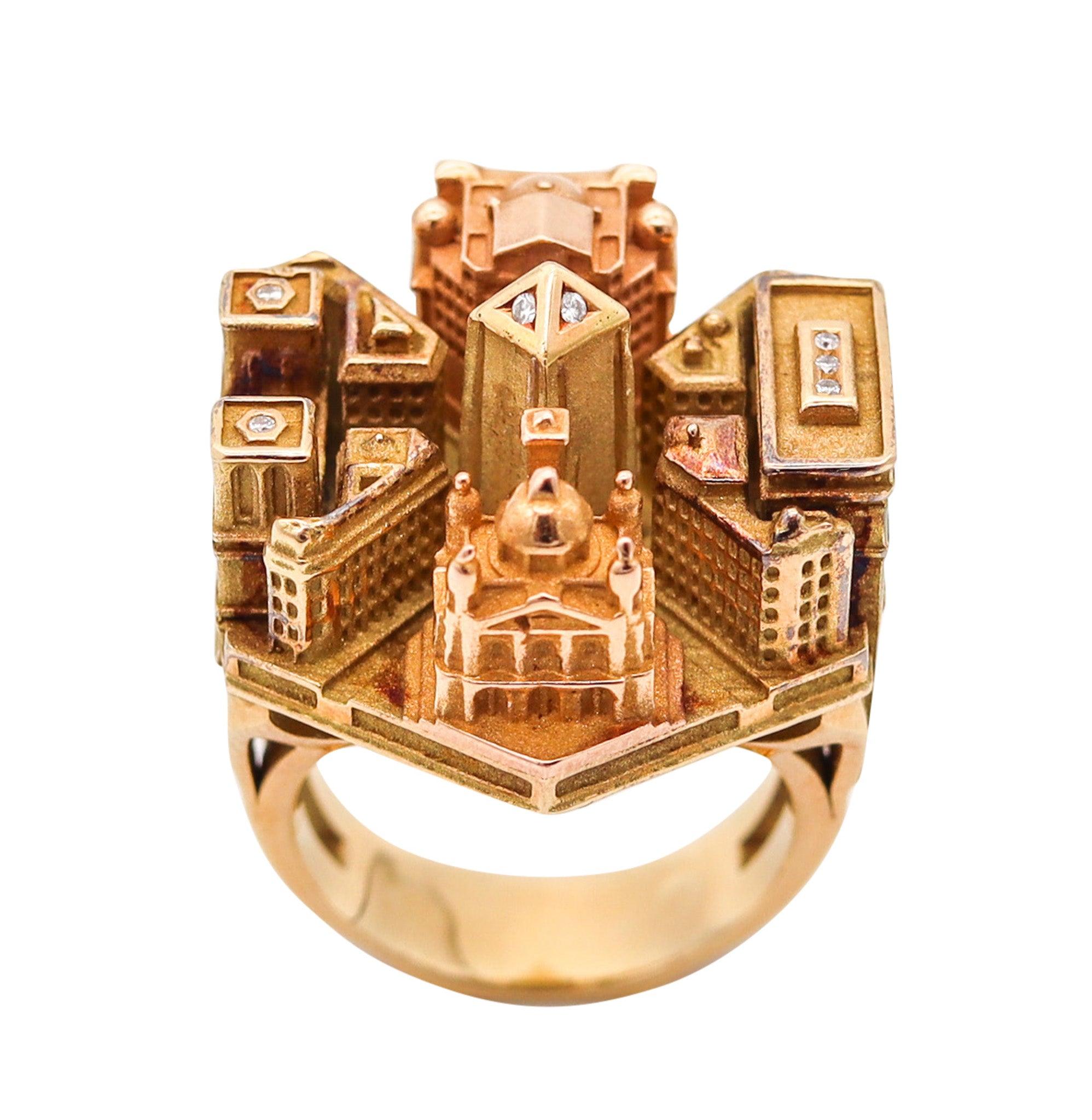 Moderniste TOURNAIRE Architectural Paris Buildings Modèle Cocktail Ring In 18Kt Yellow Gold