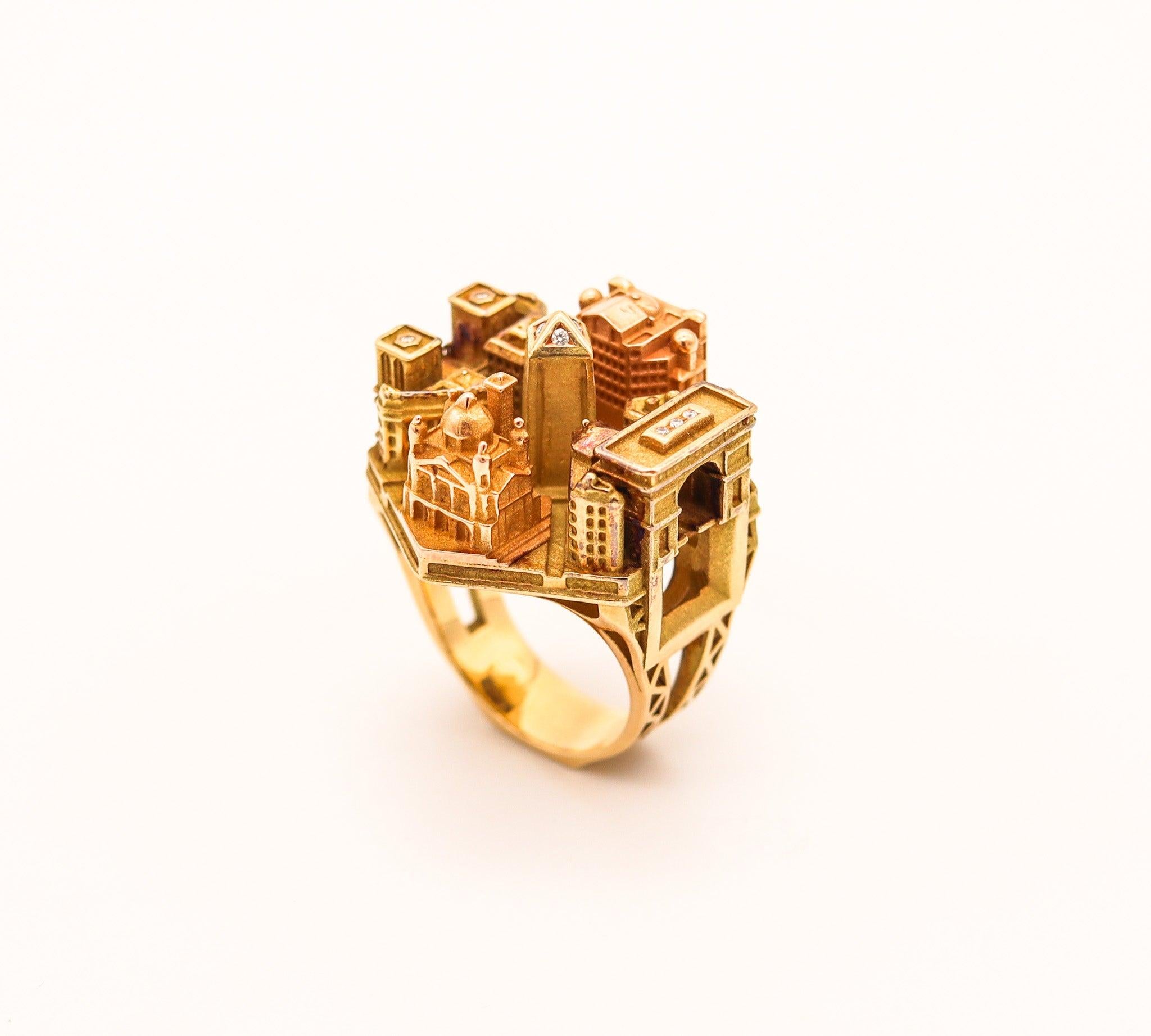 Taille brillant TOURNAIRE Architectural Paris Buildings Modèle Cocktail Ring In 18Kt Yellow Gold