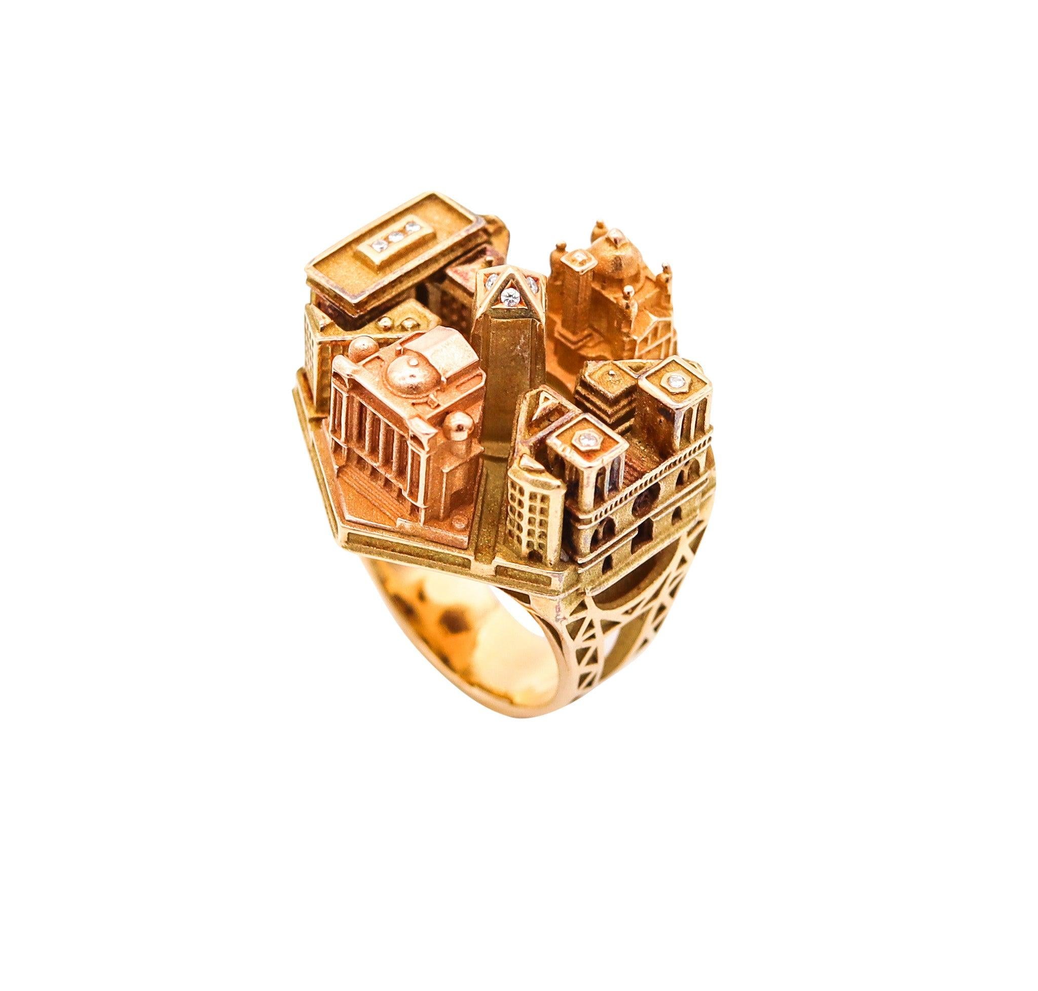 TOURNAIRE Architectural Paris Buildings Modèle Cocktail Ring In 18Kt Yellow Gold 2