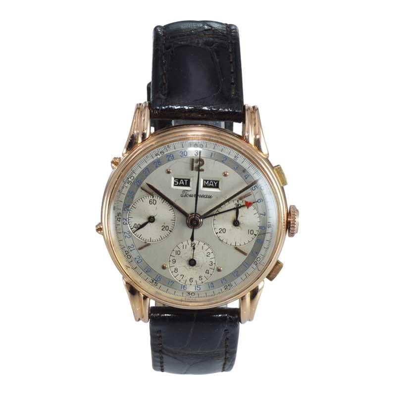 FACTORY / HOUSE: Tourneau / Valjoux
STYLE / REFERENCE: Art Deco / Chronograph with Full Calendar
METAL / MATERIAL: 18Kt. Rose Gold 
CIRCA / YEAR: 1940's
DIMENSIONS / SIZE: Length 42mm x Diameter 35mm 
MOVEMENT / CALIBER: Manual Winding / 17 Jewels /