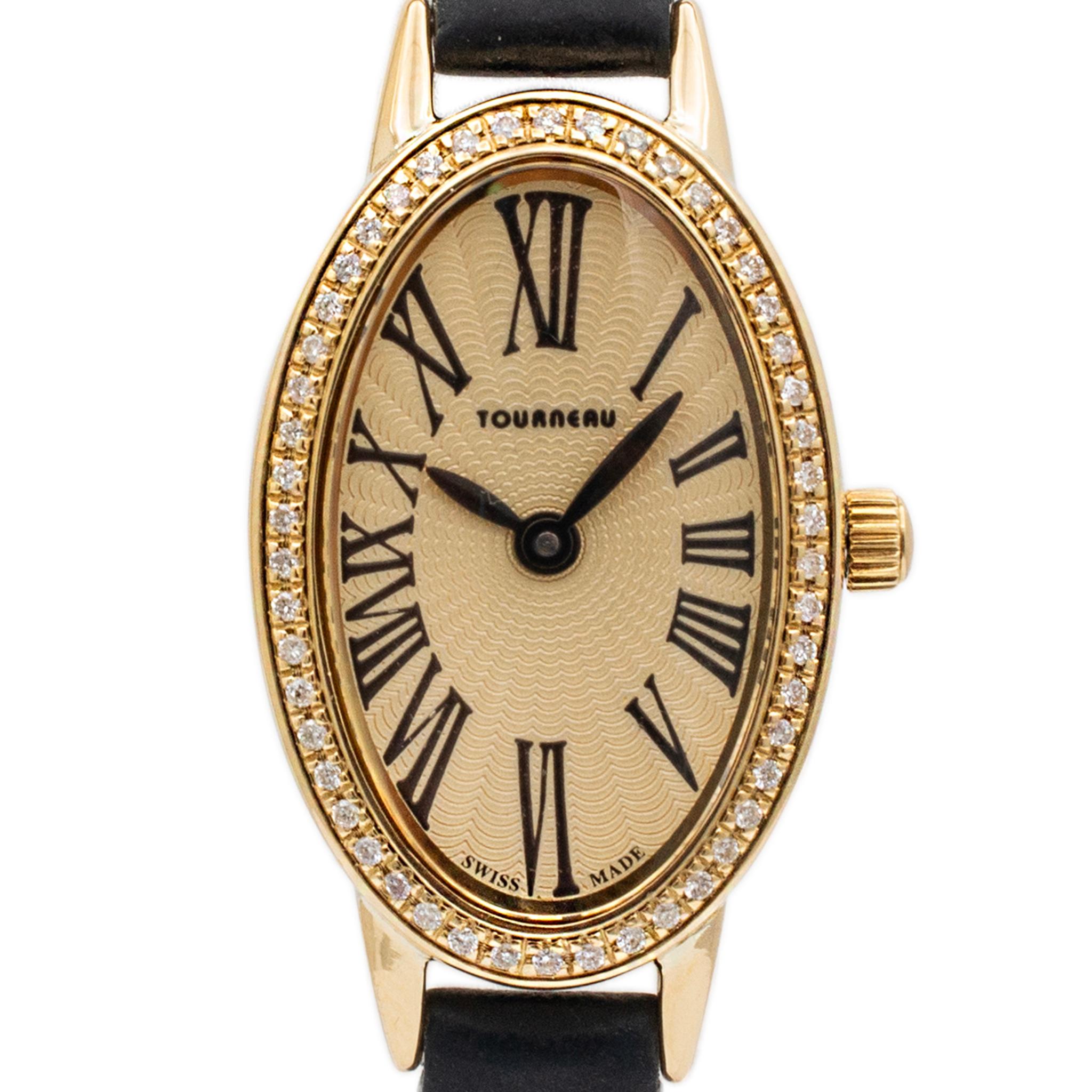 Brand: Tourneau

Gender: Ladies

Metal Type: 18K Yellow Gold

Width: 8.2mm

Length: 8.00 inches

Weight: 18.59 grams

Ladies 18K yellow gold diamond Swiss made wristwatch. Engraved with 