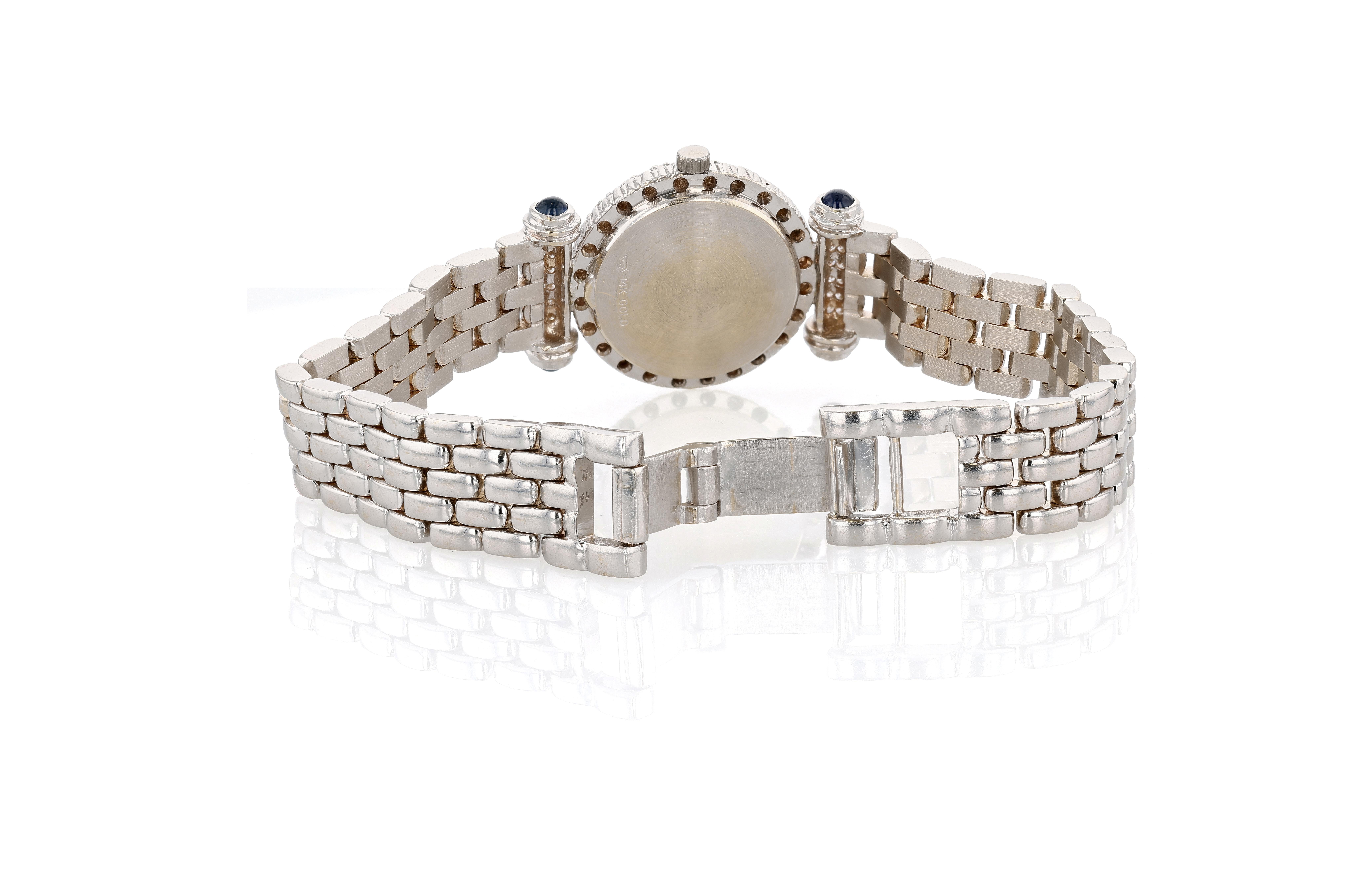 Tourneau Weißgold, Diamant, Saphir und Perlmutt Quarz-Armbanduhr (Rundschliff) im Angebot
