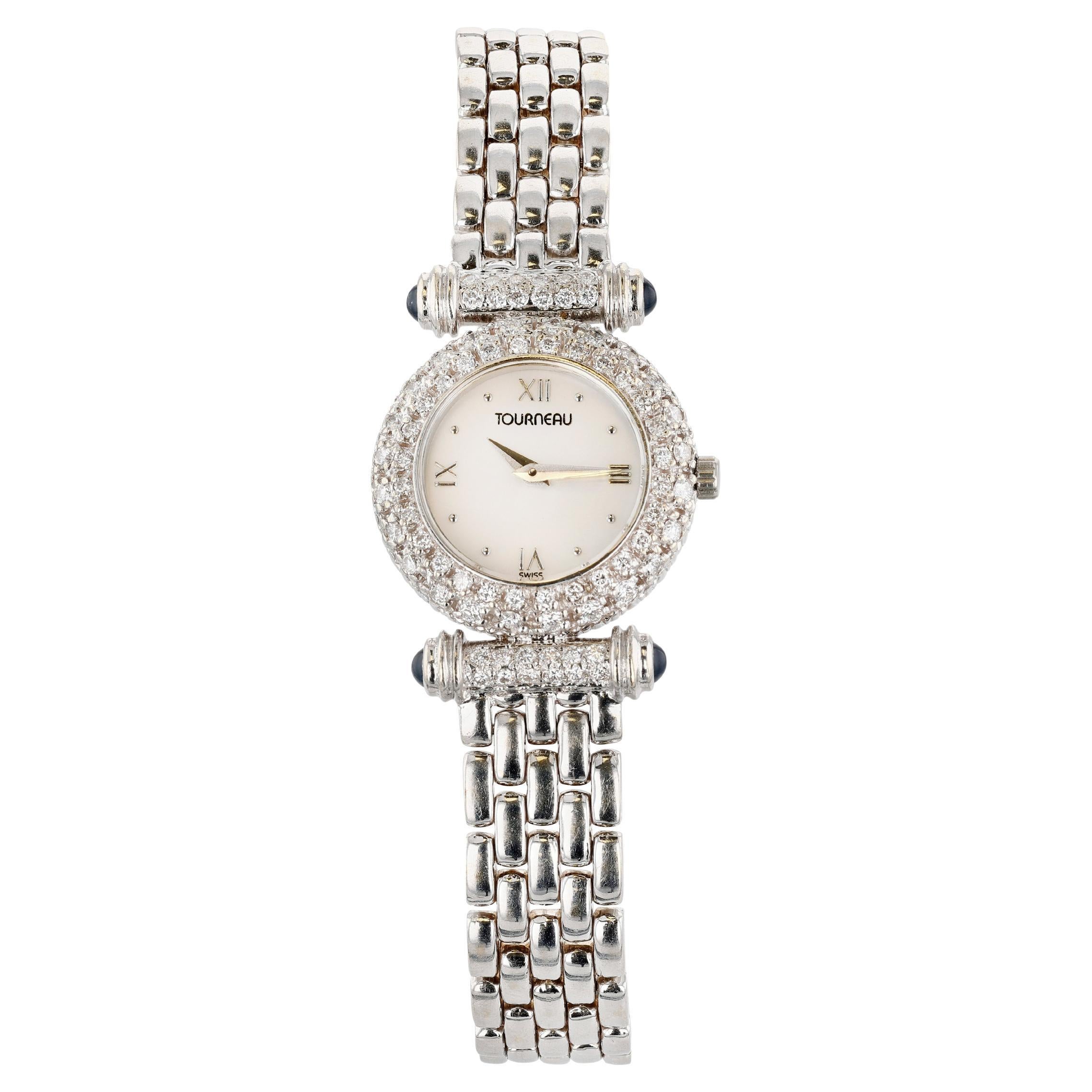 Tourneau Weißgold, Diamant, Saphir und Perlmutt Quarz-Armbanduhr im Angebot