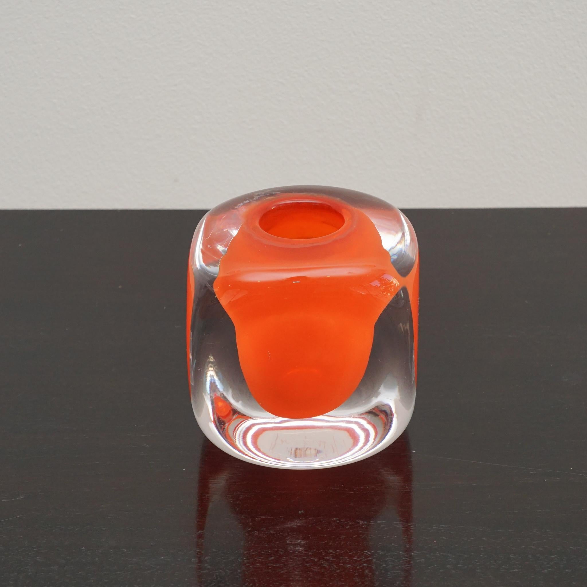 Belgian Tournon Orange Clear Glass Candle Holder For Sale