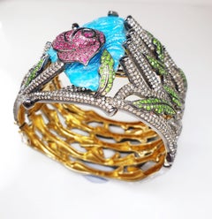 Tourquoise Carved Medusa Cuff Bracelet Diamonds, Rubies, Tsavorites