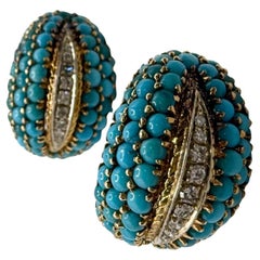 Tourquoise & Diamond Omega earrings 18KT yellow gold