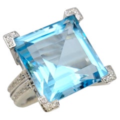 Tous 34.62 Carat Square Blue Topaz Cocktail Ring with Diamonds in 18 Karat Gold